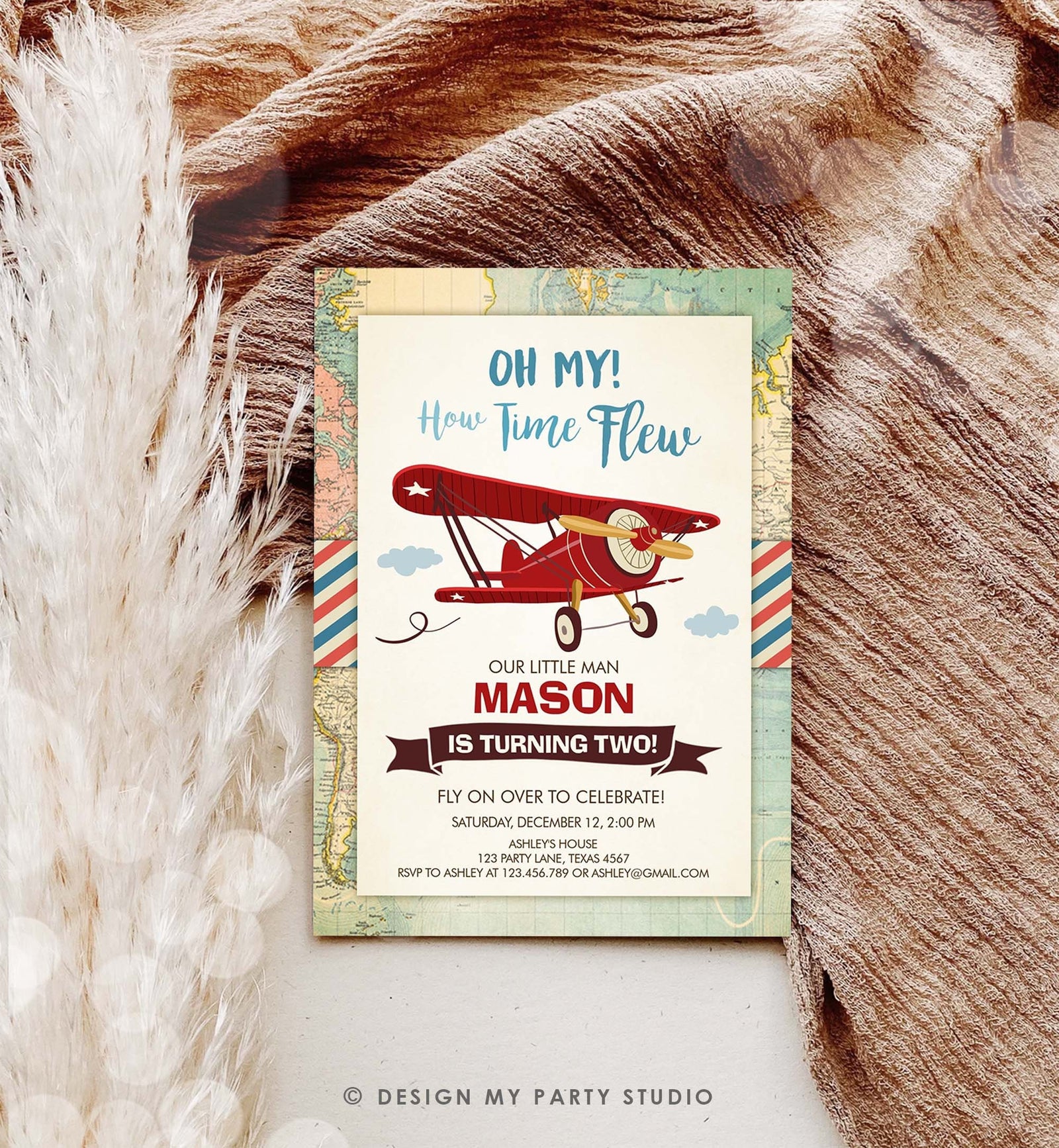 Editable Airplane Birthday Invitation Oh My Time Flew Red Airplane Second Birthday Plane Sky Digital Download Evite Template Printable 0011