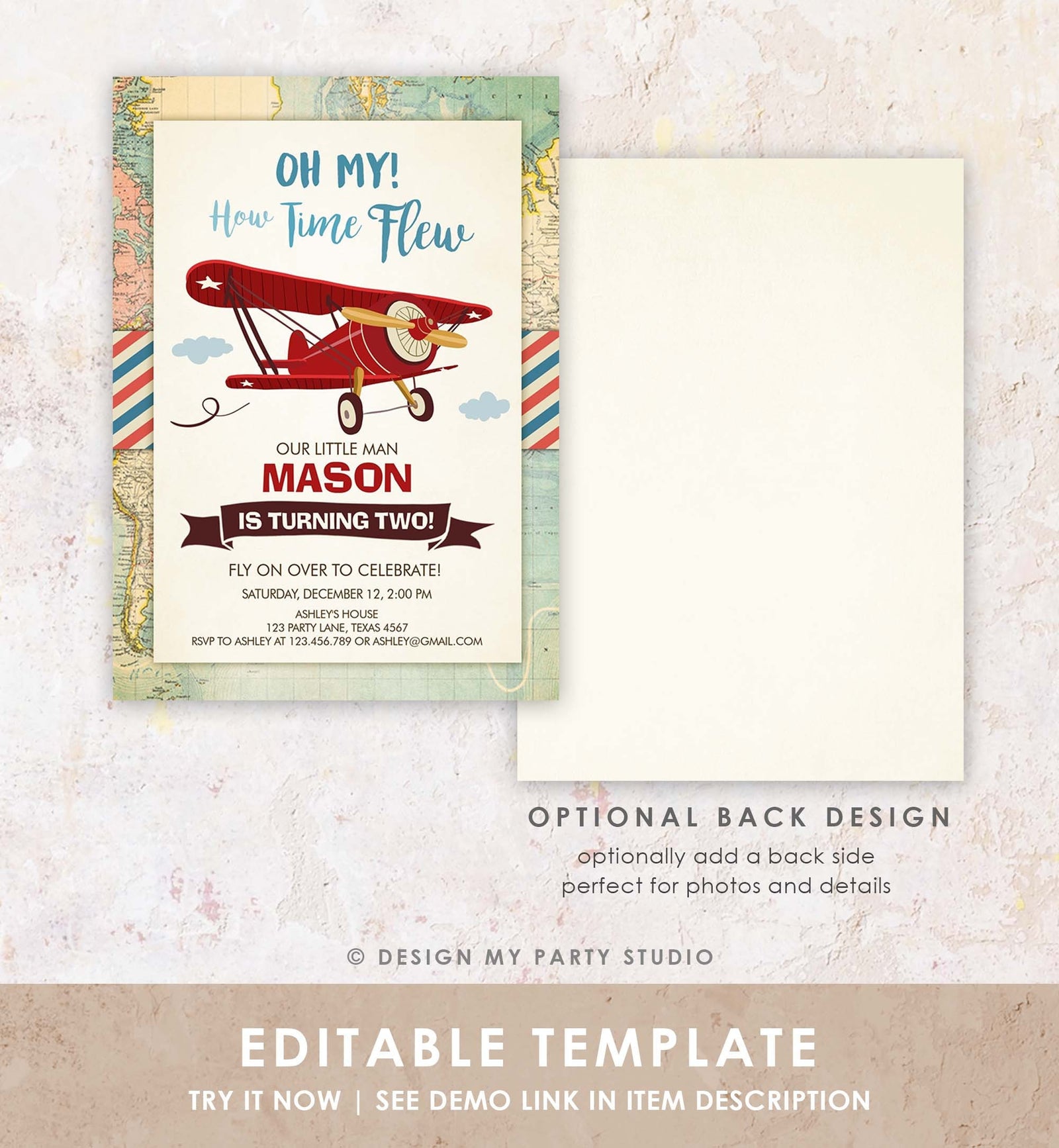 Editable Airplane Birthday Invitation Oh My Time Flew Red Airplane Second Birthday Plane Sky Digital Download Evite Template Printable 0011