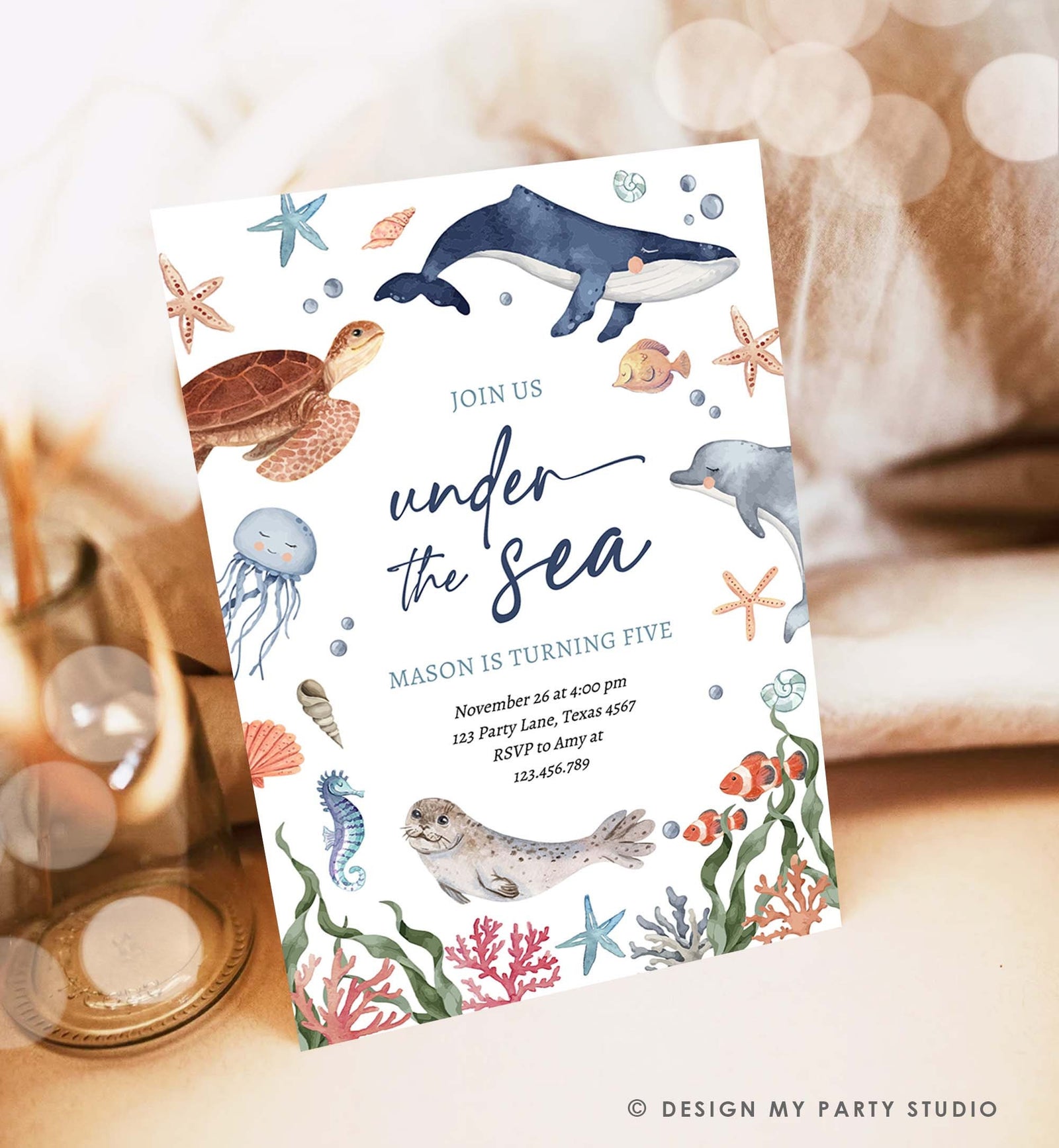 Editable Under The Sea Birthday Invitation Nautical Birthday Party Invite Kids Sea Life Ocean Animals Download Printable Evite Template 0504