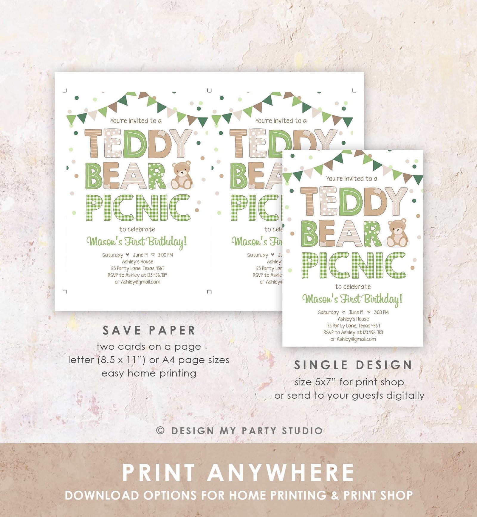 Editable Teddy Bear Picnic Birthday Invitation Boy Green Gingham Bear Picnic Outdoor First Birthday Evite Digital Download Template 0100