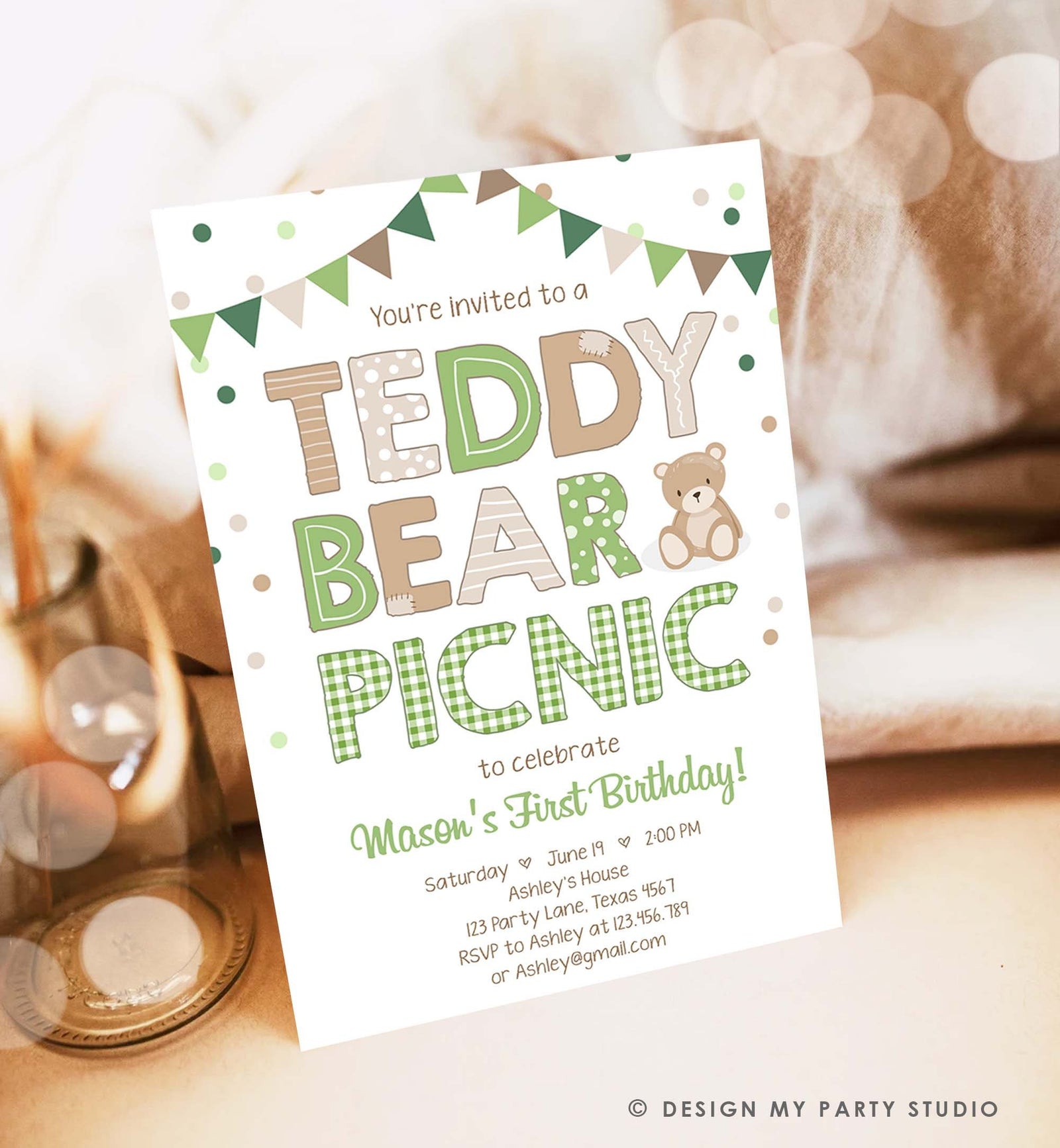 Editable Teddy Bear Picnic Birthday Invitation Boy Green Gingham Bear Picnic Outdoor First Birthday Evite Digital Download Template 0100