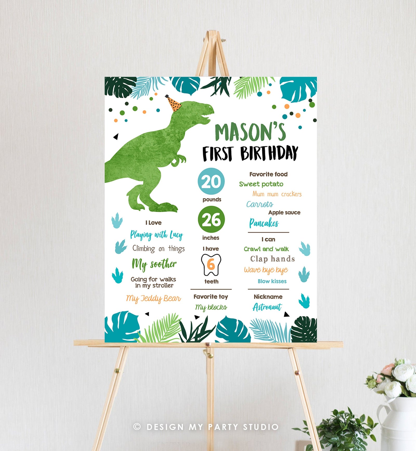 Editable Dinosaur Birthday Milestone Sign Dino Green T-Rex Boy First Birthday Prehistoric Poster Digital Download Template Printable 0389