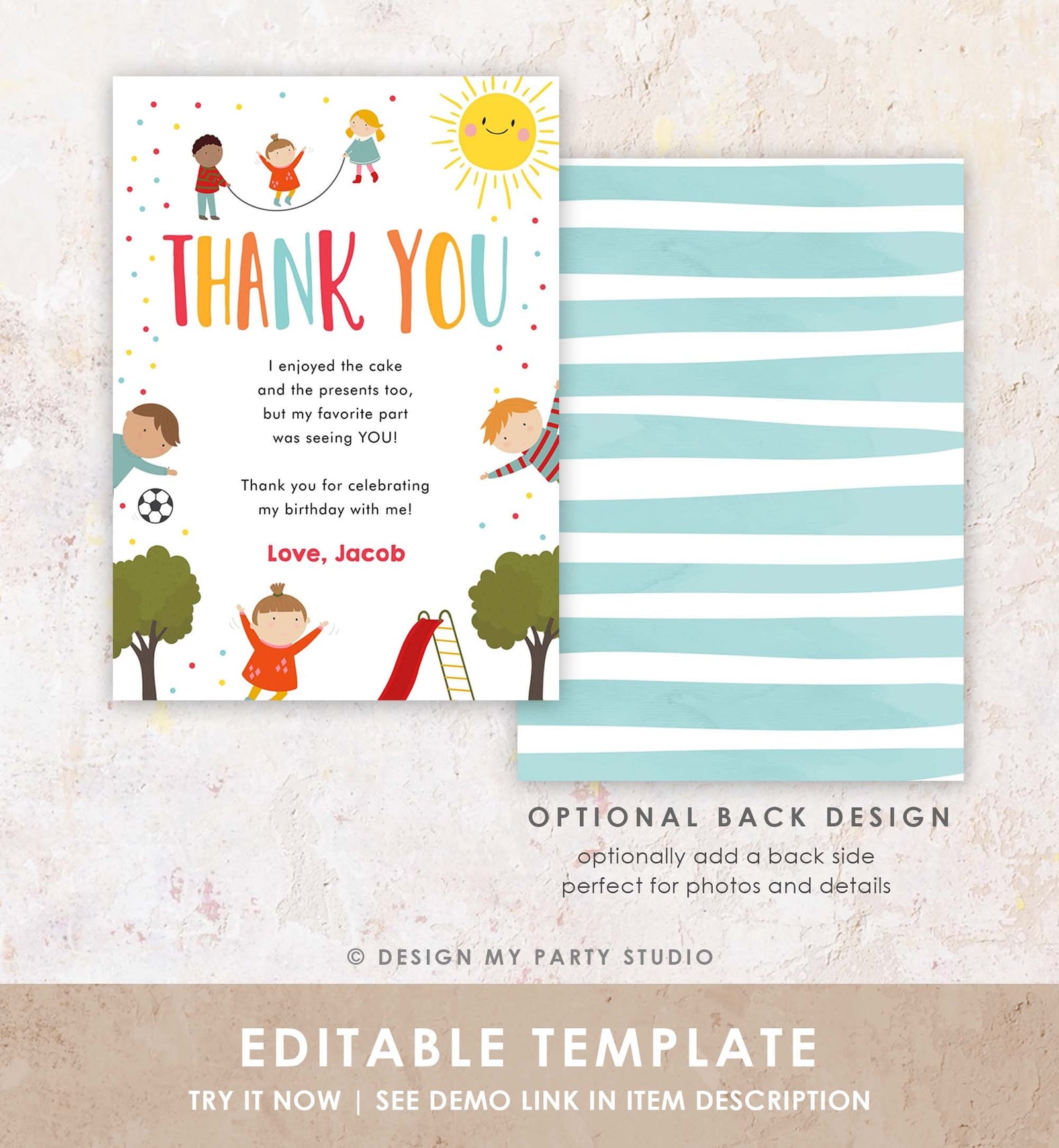 Editable Playground Thank You Card Birthday Boy In the Park Party Climb Slide and Play Note Digital Download Template Printable 0327