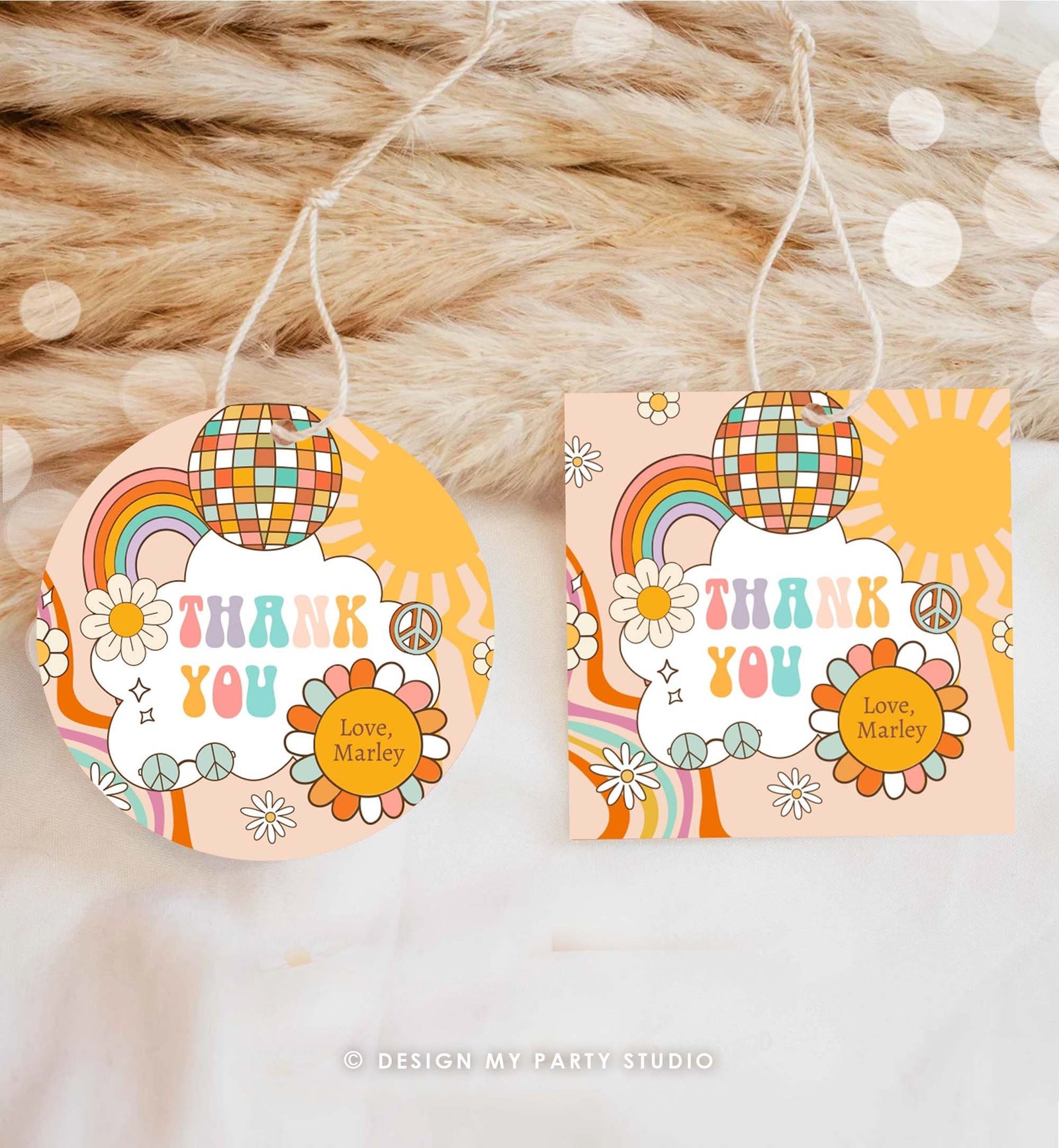 Editable Groovy Favor Tag Birthday Hippie Boho Retro Flower Power 70's Girl Thank You Stickers Skate Party Corjl Template Printable 0459