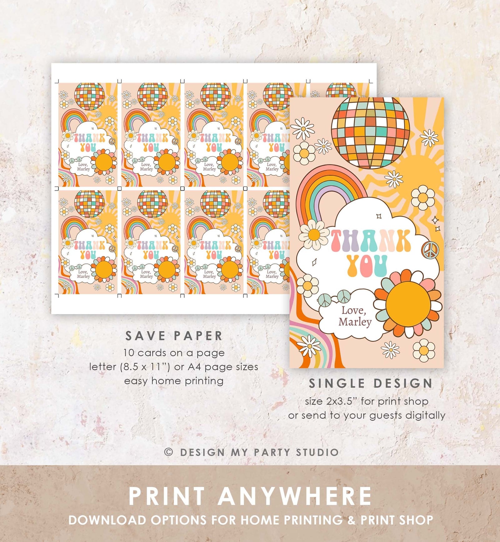 Editable Groovy Retro Favor Tag Roller Skate Birthday Thank You Tags Girl Retro 70's Party Flower Power Hippie Printable Corjl Template 0459