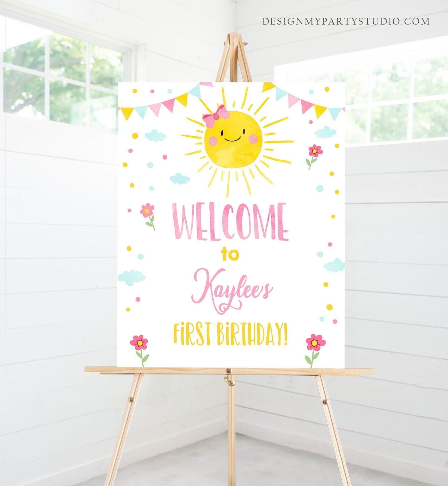 Editable Sunshine Welcome Sign Little Sunshine Birthday Party Pink Girl Lemonade and Fun Stand Summer Digital Template Printable 0141