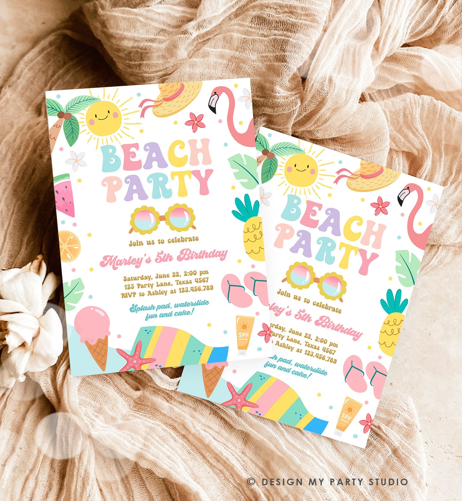 Editable Beach Birthday Invitation Tropical Pool Party Girl Summer Party Waterslide Splish Splash Pink Download Invite Template Corjl 0465