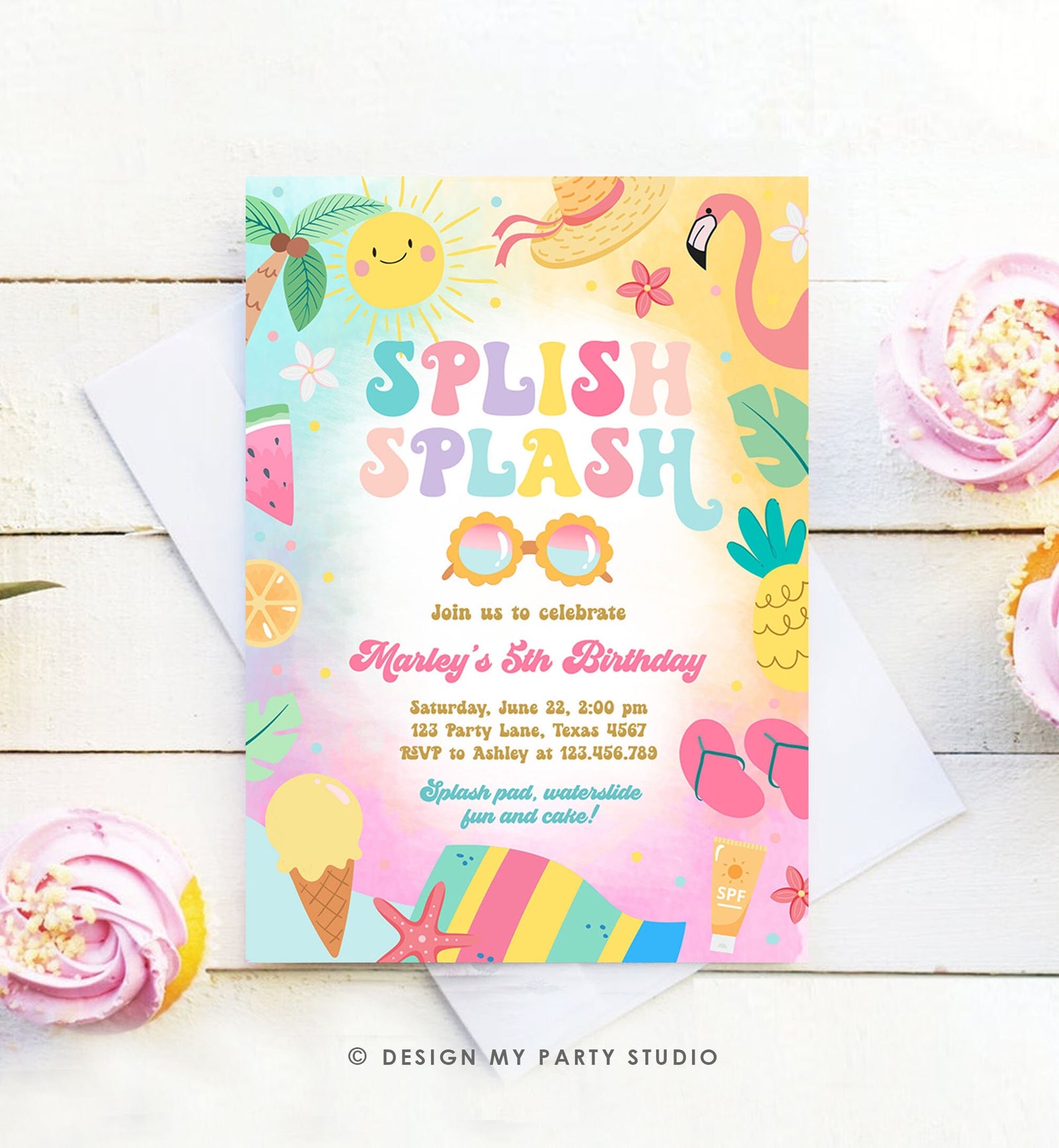 Editable Splish Splash Birthday Invitation Pool Party Girl Summer Waterslide Water Party Pink Digital Download Template Printable 0465