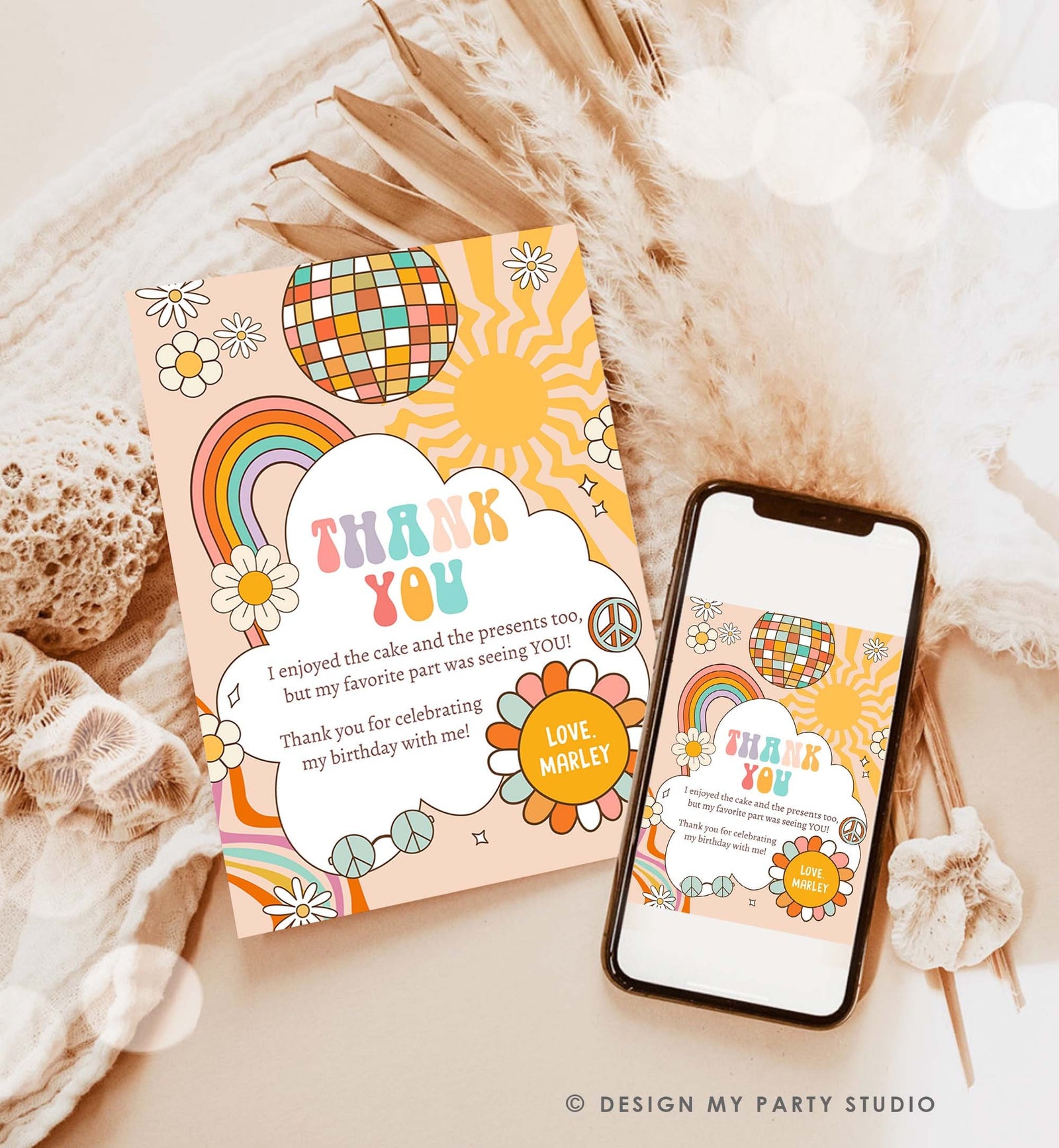 Editable Groovy Birthday Thank You Card Groovy Baby Shower Two Groovy One Boho Retro 70s Daisy Download Template Corjl Printable 0459