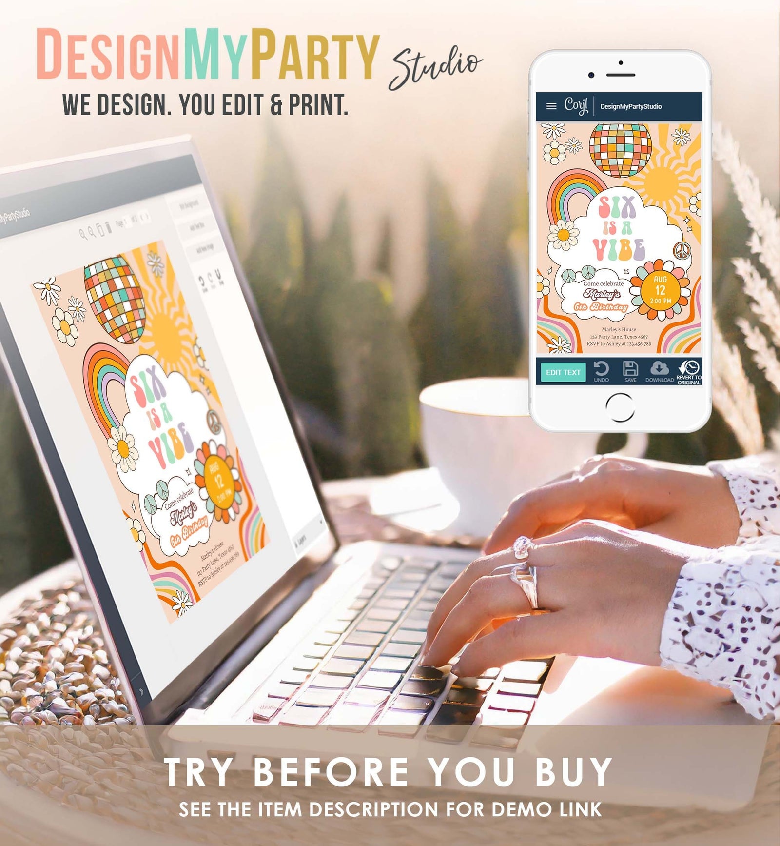 Editable Six Is A Vibe Groovy Birthday Invitation 6th Birthday Retro Invite Rainbow Peace Love Party Download Template Corjl Digital 0459