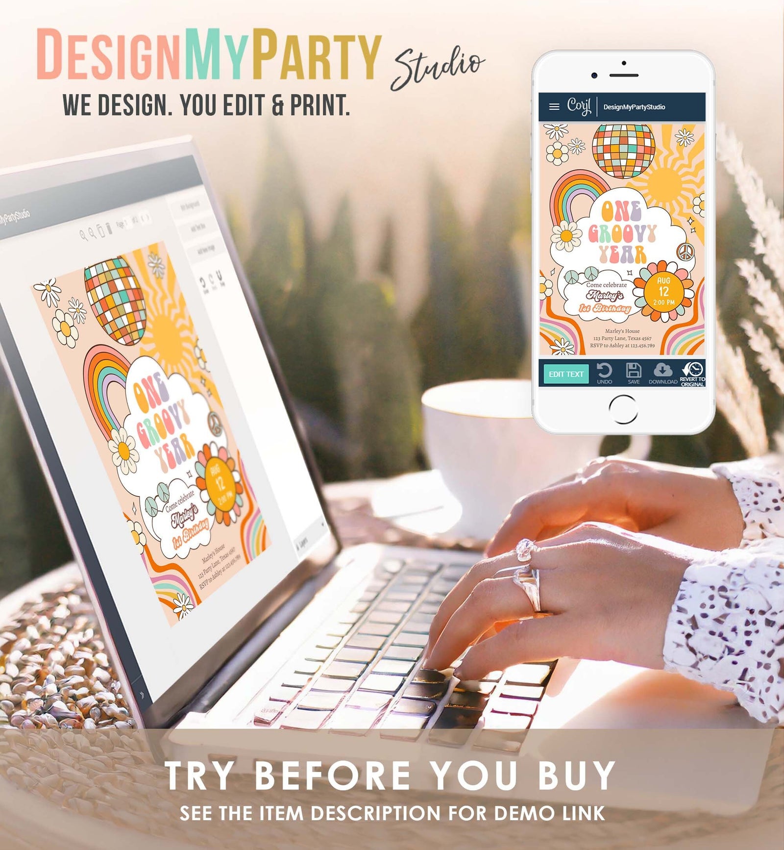 Editable Groovy One Retro 1st Birthday Invitation First Birthday One Groovy Year Invite Peace Love Digital Download Template Printable 0459