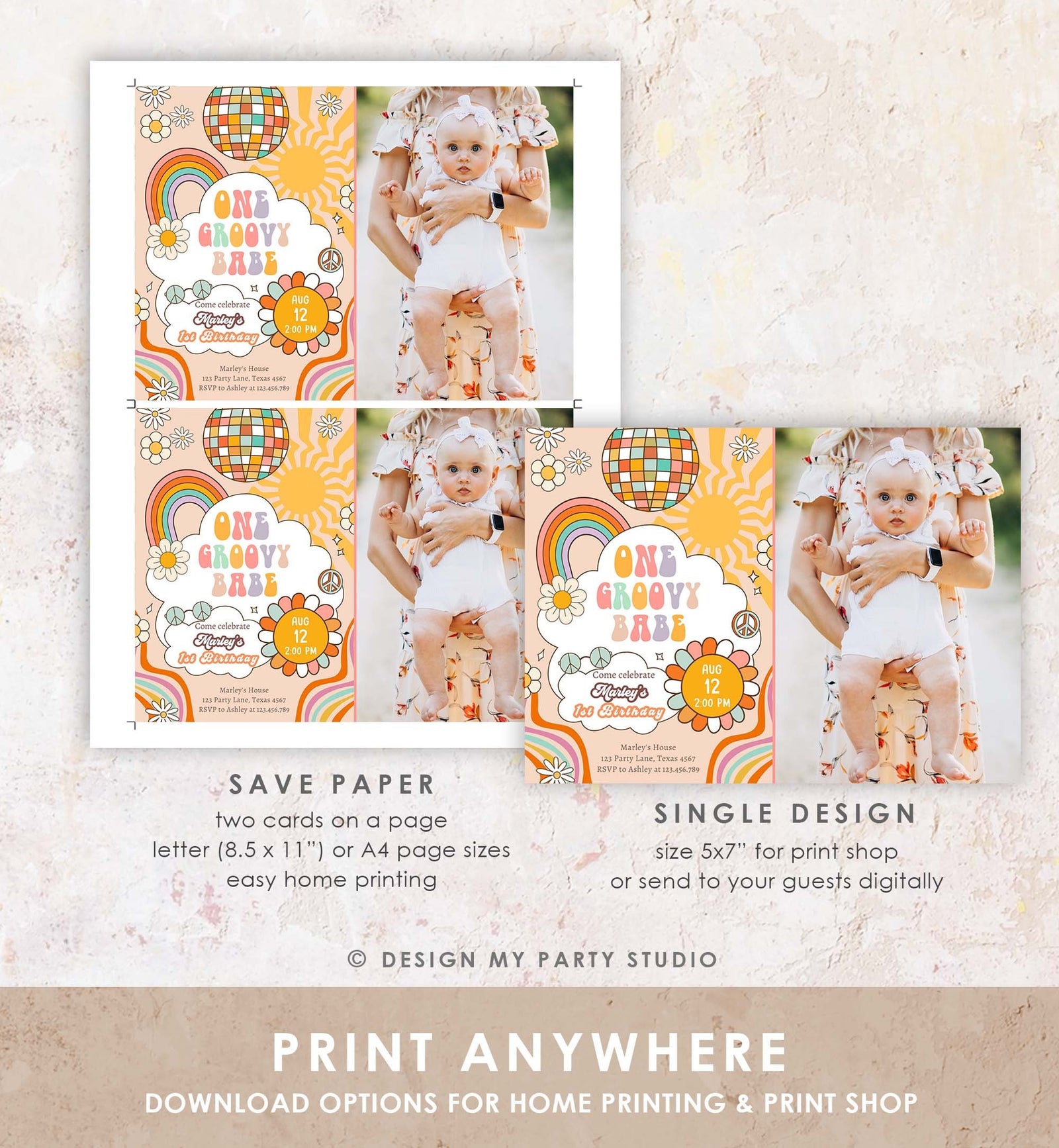 Editable Groovy One Retro 1st Birthday Invitation First Birthday One Groovy Babe Peace Love Digital Download Evite Template Printable 0459
