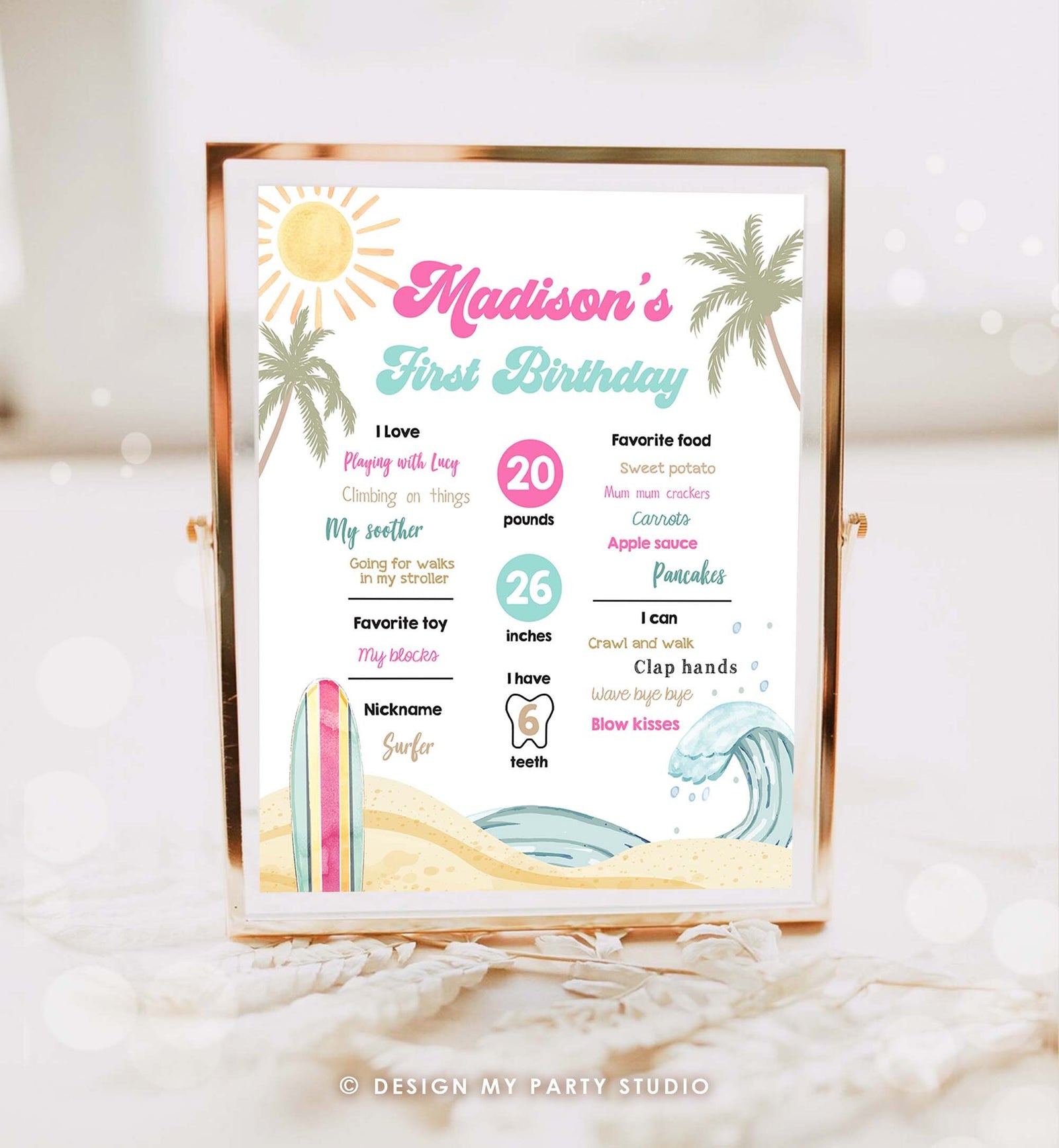 Editable Surf Birthday Milestones Sign Girl Big One Summer Party Surfing Board Groovy Retro Beach 1st Party Digital Template Printable 0433