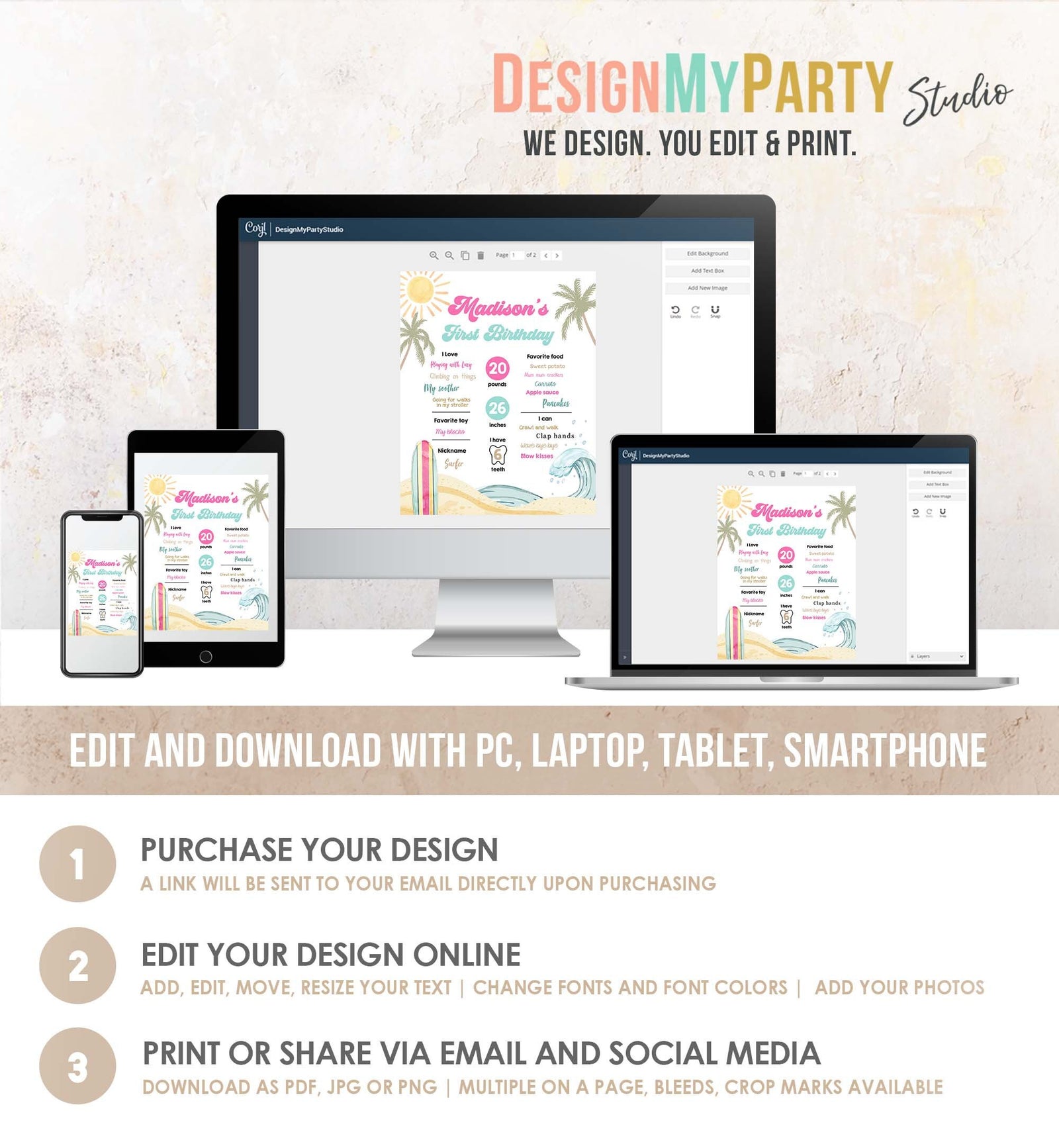 Editable Surf Birthday Milestones Sign Girl Big One Summer Party Surfing Board Groovy Retro Beach 1st Party Digital Template Printable 0433