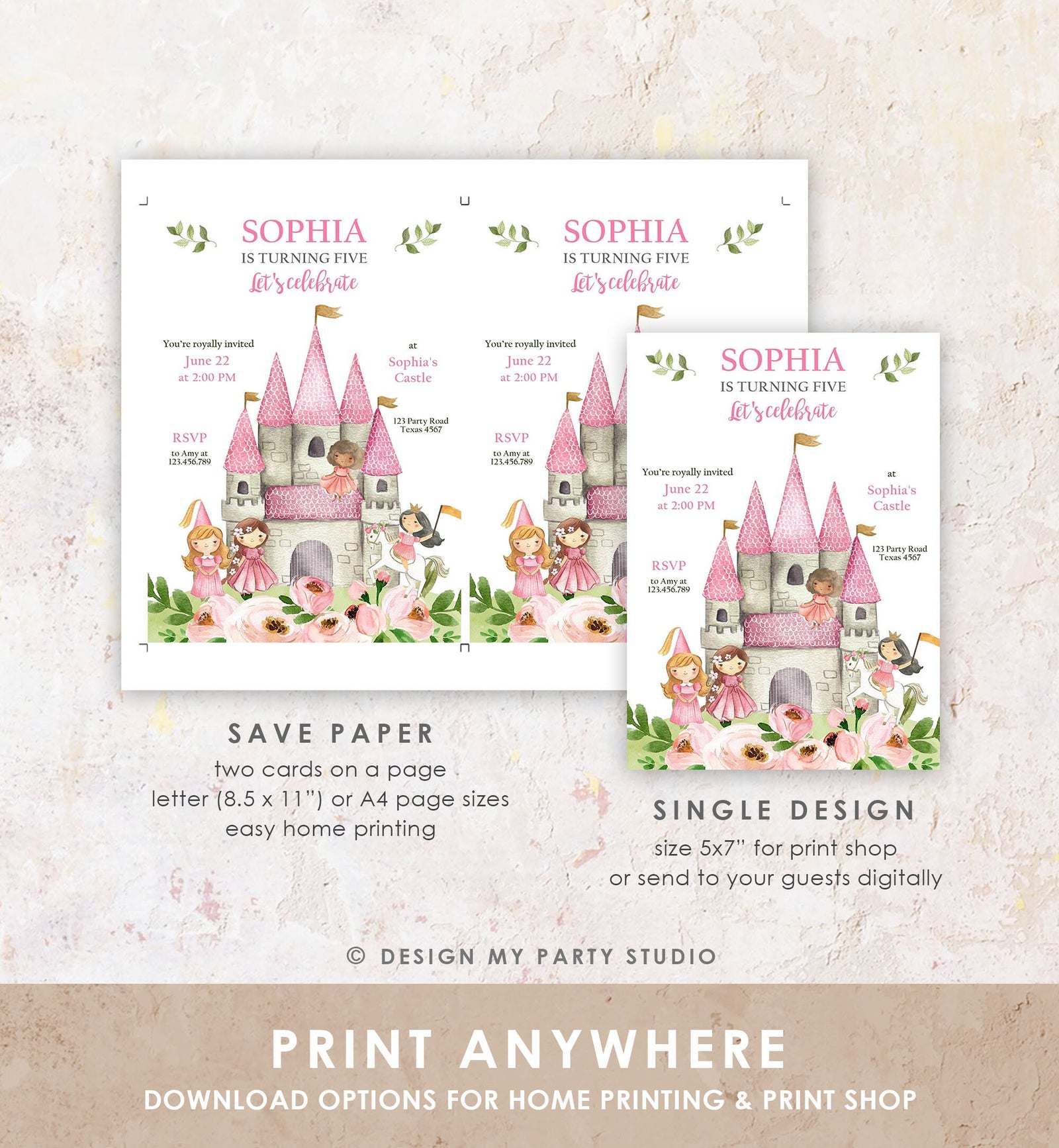 Editable ANY AGE Princess Birthday invitation Once Upon a Time Royal Birthday Pink Girl Gold Floral Download Evite Template Printable 0171