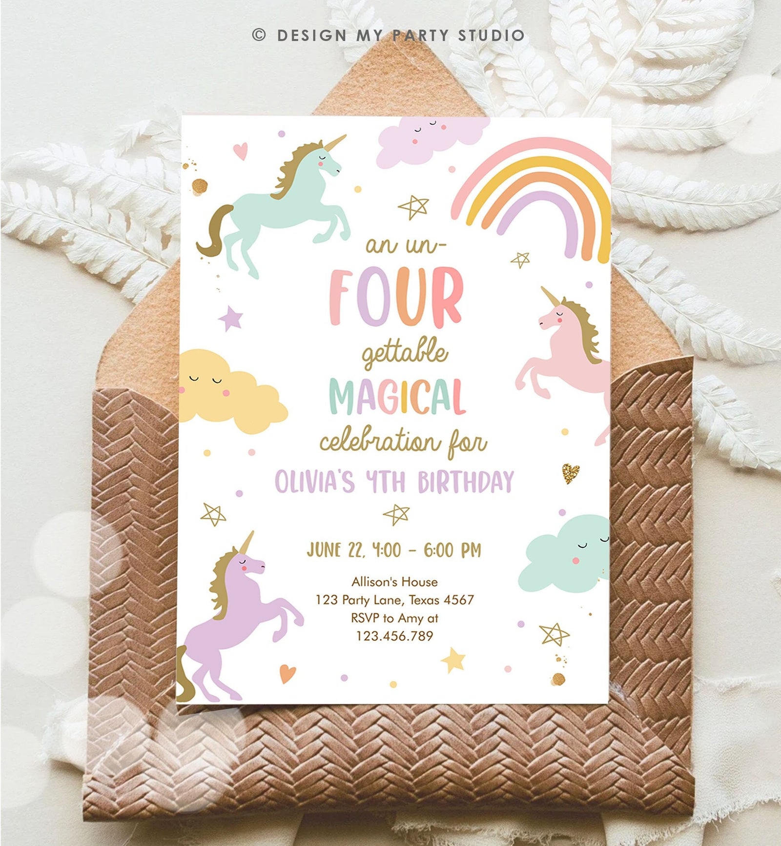 Editable Unicorn 4th Birthday Invitation Un Four Gettable Party Girl Pastel Fourth Rainbow Digital Download Evite Template Printable 0426