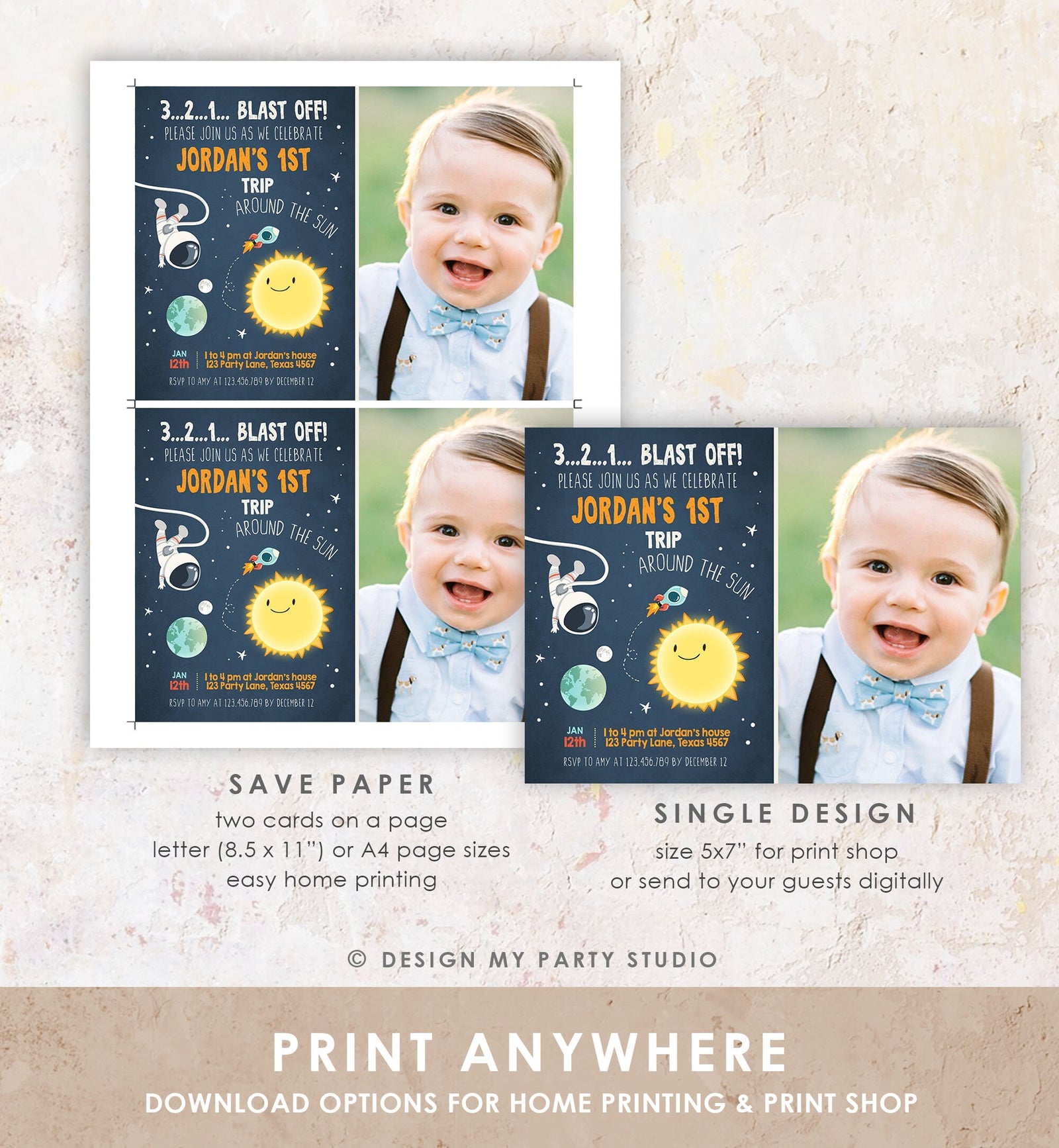 Editable Outer Space Birthday Invitation Rocket Astronaut Birthday First Trip Blast Off Digital Download Evite Template Printable 0046