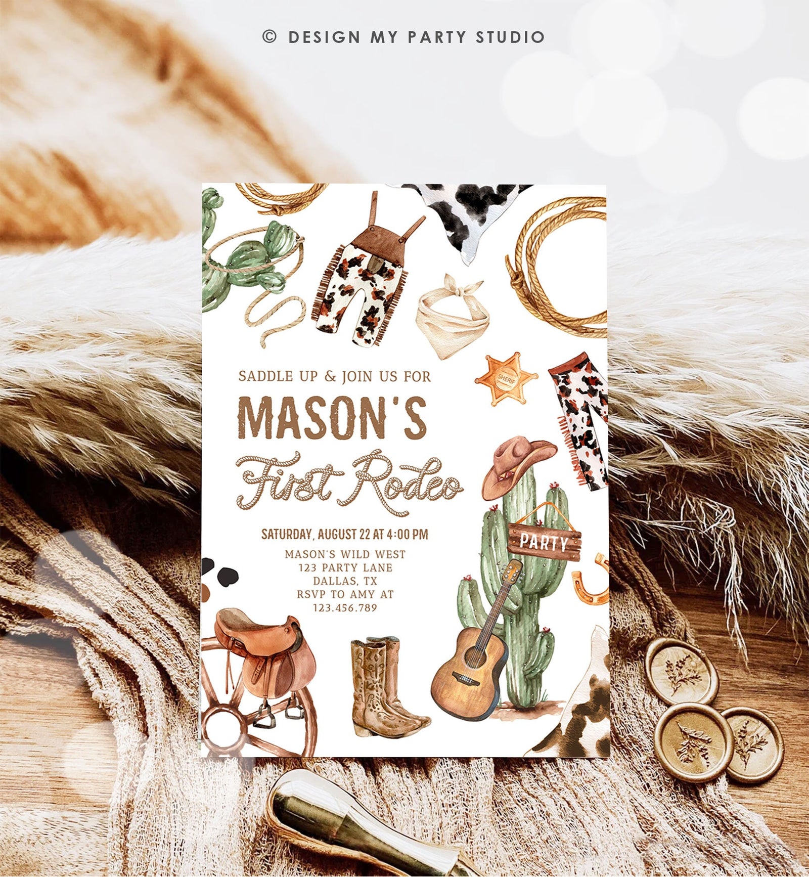 Editable First Rodeo Birthday Party Invitation Cowboy 1st Birthday Boy Wild West Birthday Western Download Printable Template Corjl 0509
