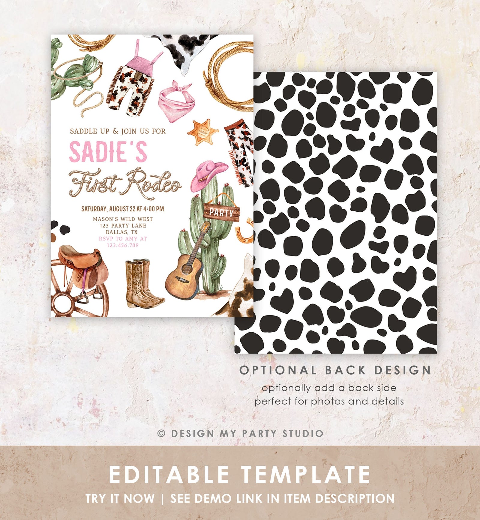 Editable Cowgirl Birthday Party Invitation First Rodeo 1st Birthday Girl Wild West Birthday Western Download Printable Template Evite 0509