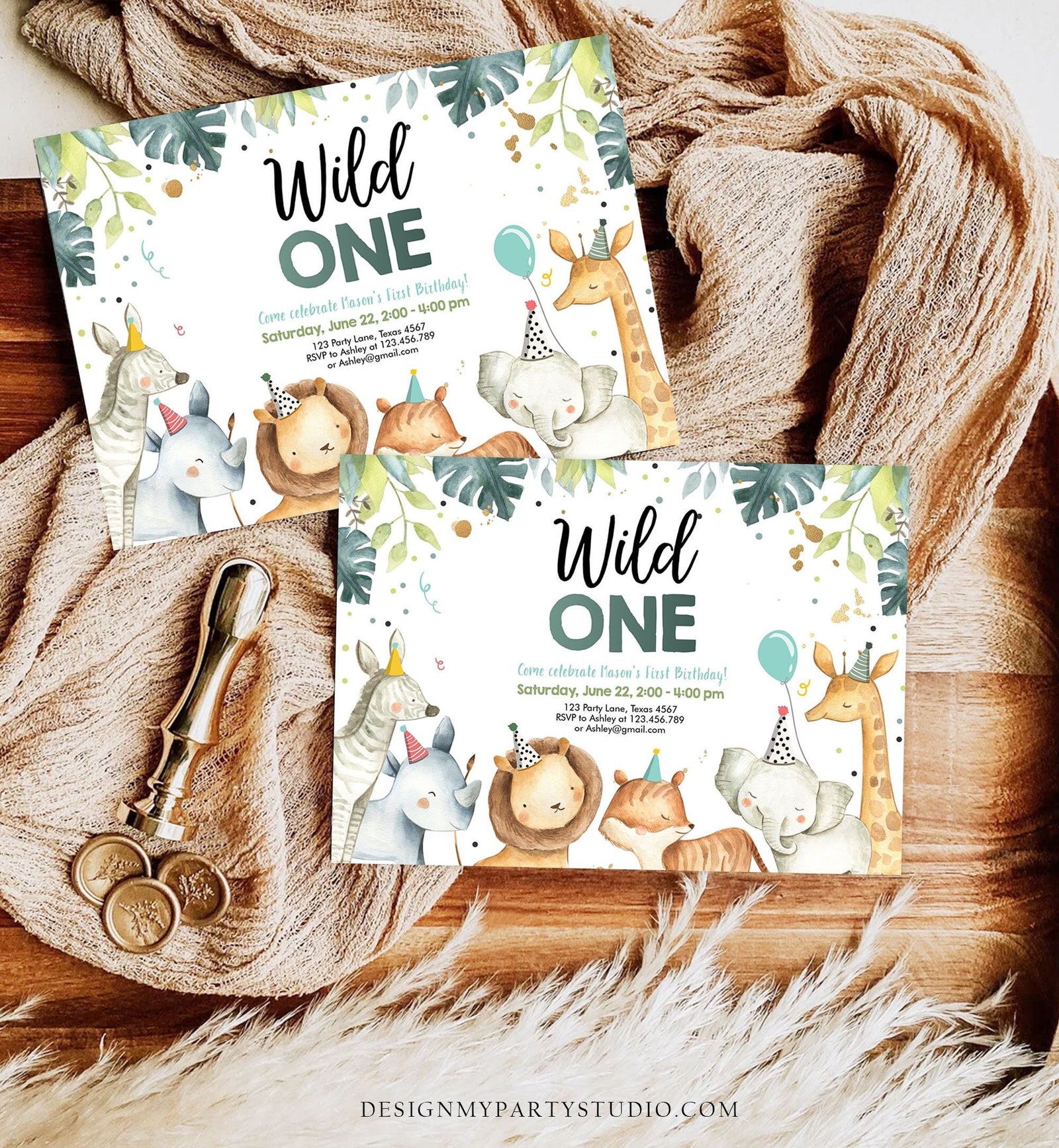 Editable Wild One Birthday Invitation First Birthday Safari Animals Party Animals Watercolor Download Digital Evite Template Printable 0163