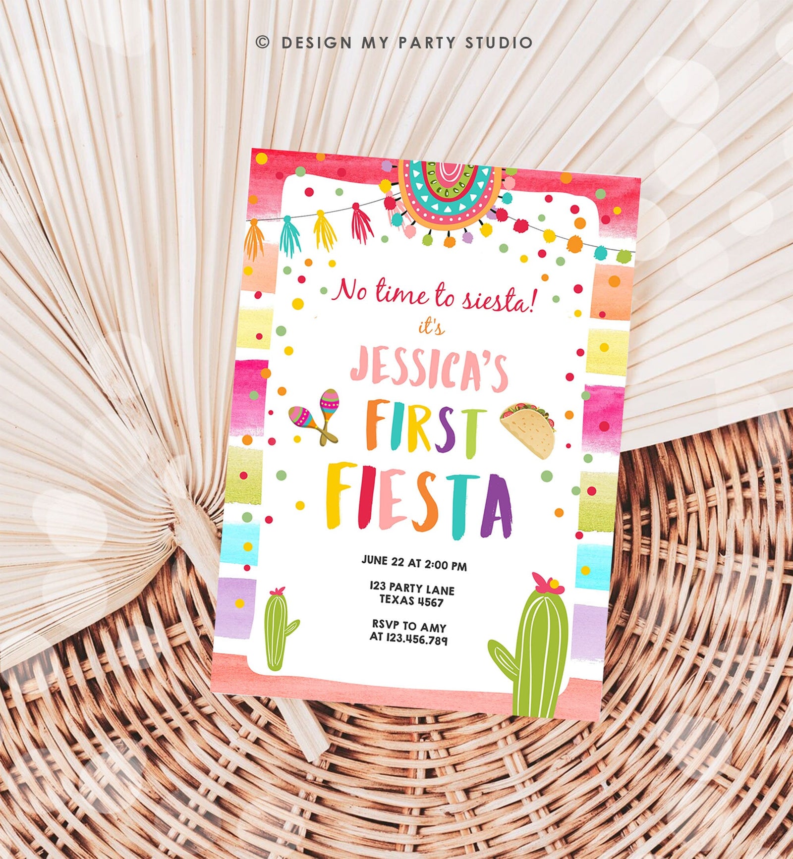 Editable First Fiesta Invitation 1st Fiesta Birthday Boho Mexican Cactus Succulent Desert Floral Girl Digital Evite Template Printable 0134