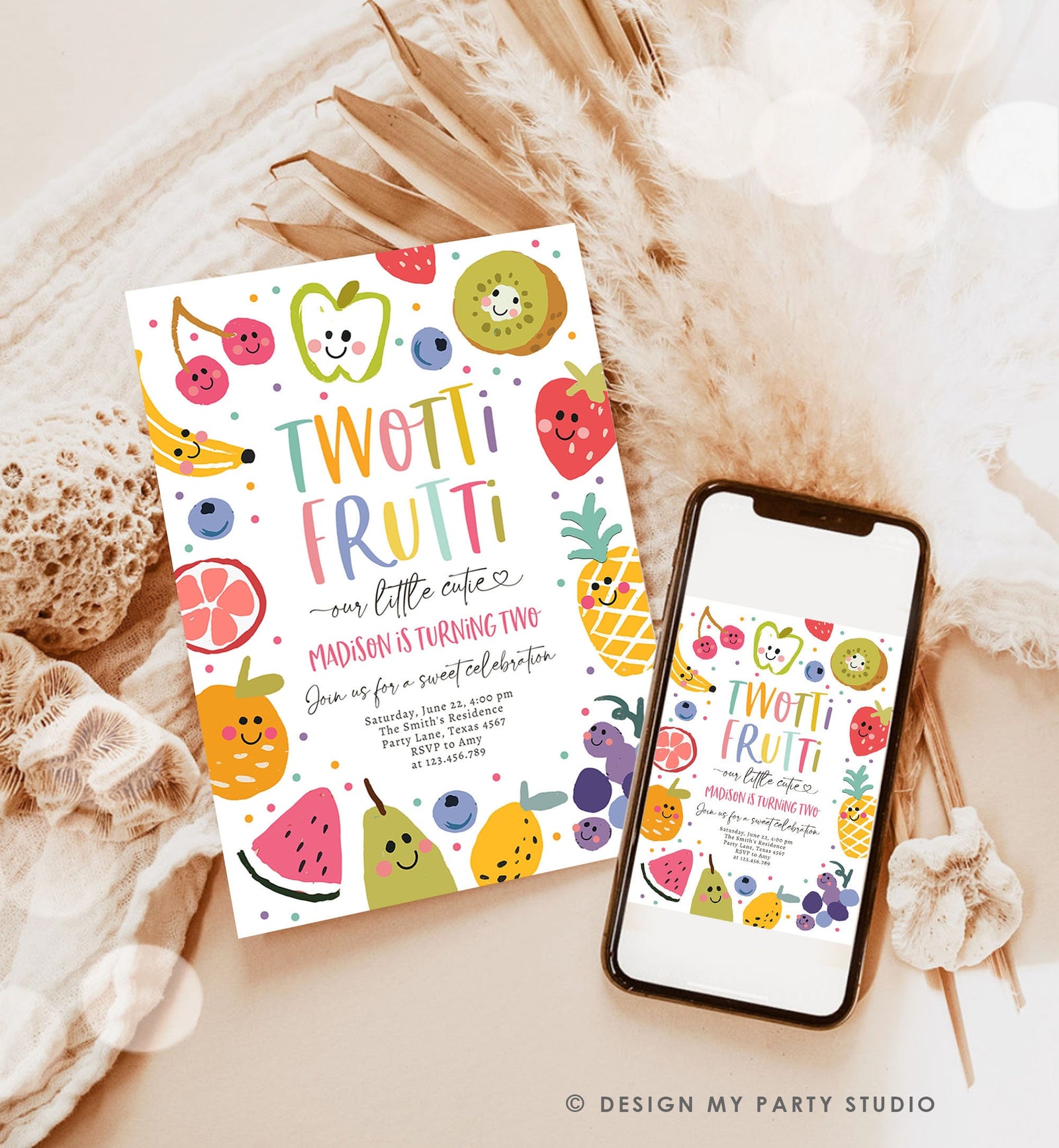 Editable Two-tti Frutti Birthday Invitation Twotti Frutti Party Fruit Tropical Summer Two Girl Download Printable Template Digital 0510
