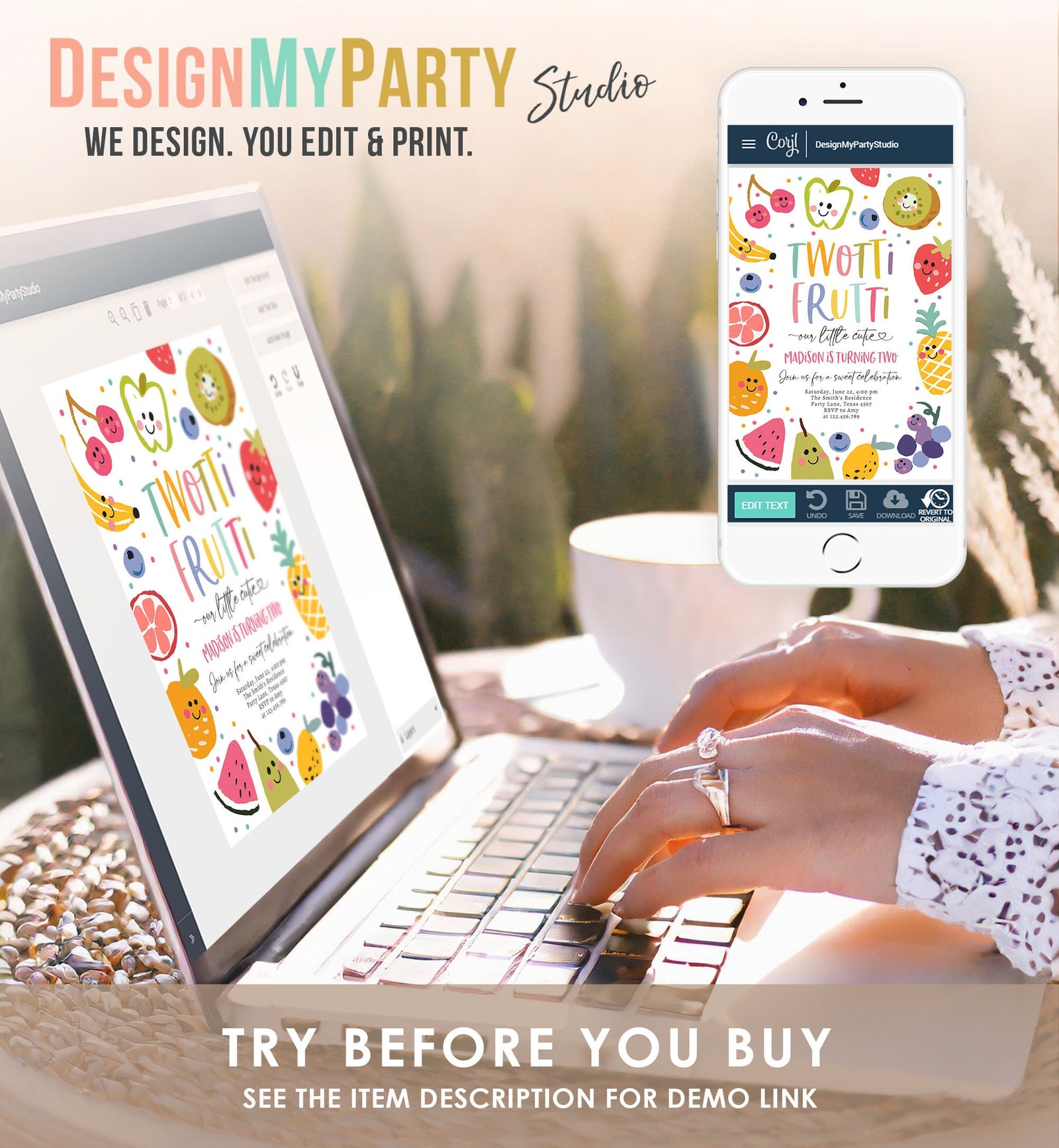 Editable Two-tti Frutti Birthday Invitation Twotti Frutti Party Fruit Tropical Summer Two Girl Download Printable Template Digital 0510