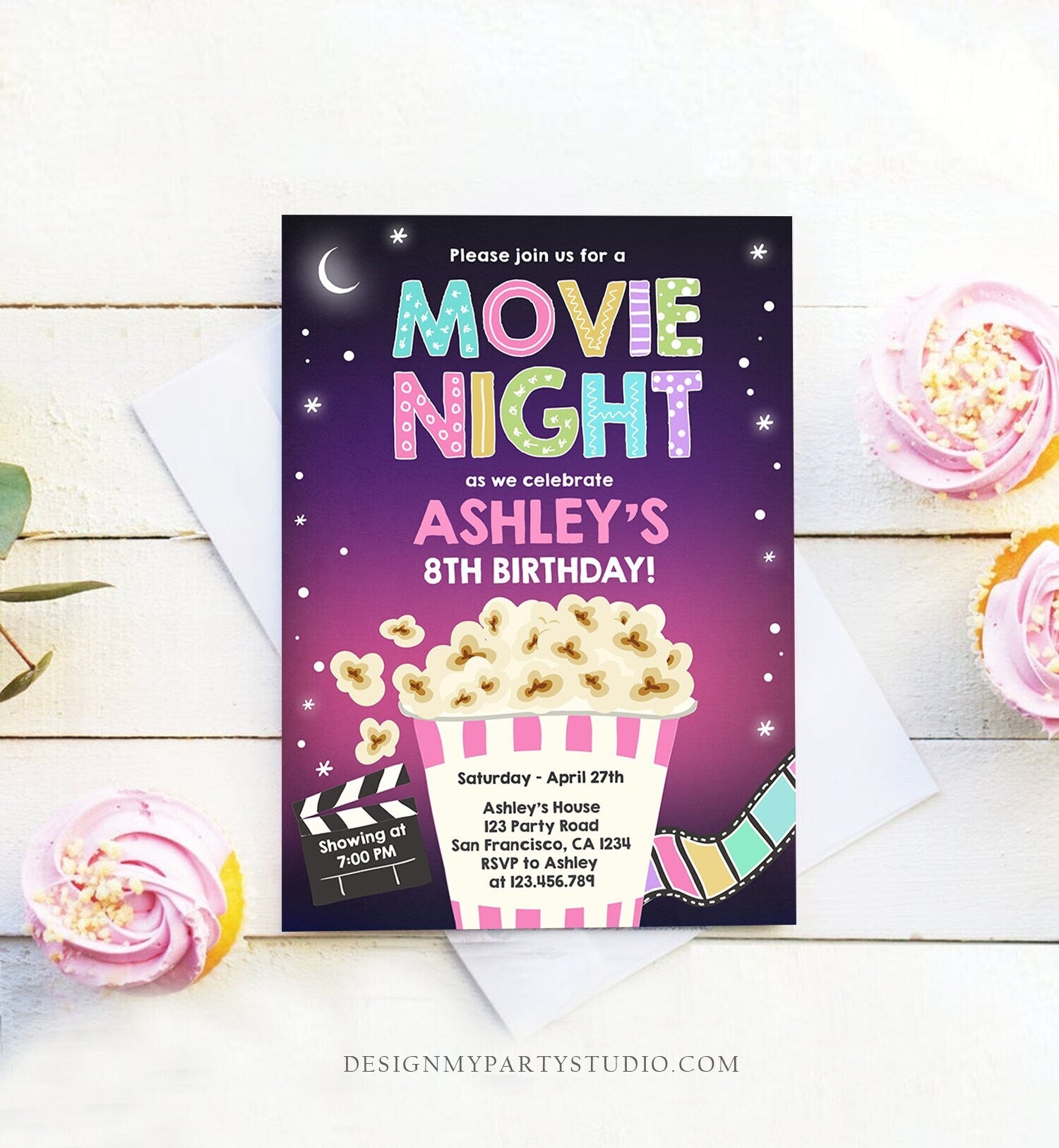 Editable Movie Night Birthday Invitation Girl Backyard Outdoor Movie Under The Stars Cinema Popcorn Sleepover Party Corjl Template 0367