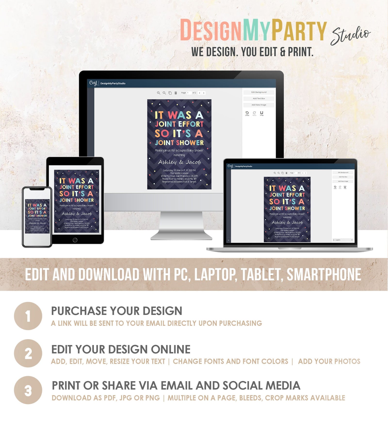 Editable Couples Baby Shower Invitation Coed Baby Shower Joint Funny Navy Confetti Neutral Digital Download Template Printable 0181