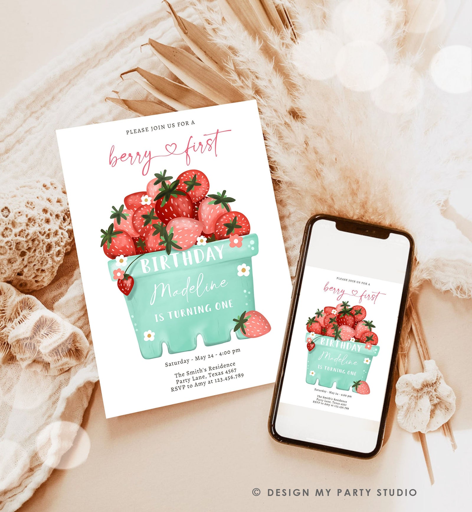 Editable Strawberry Birthday Invitation First Birthday Berry Sweet Girl Cute Strawberries 1st Digital Download Evite Template Printable 0506