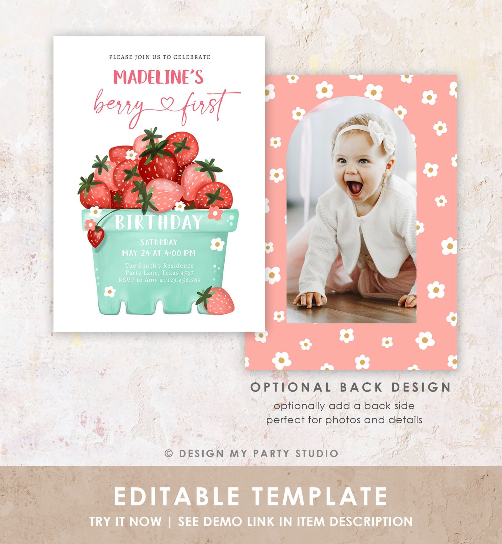 Editable Strawberry Birthday Invitation Berry First Berry Sweet Photo Strawberries 1 Digital Download Evite Template Printable 0506