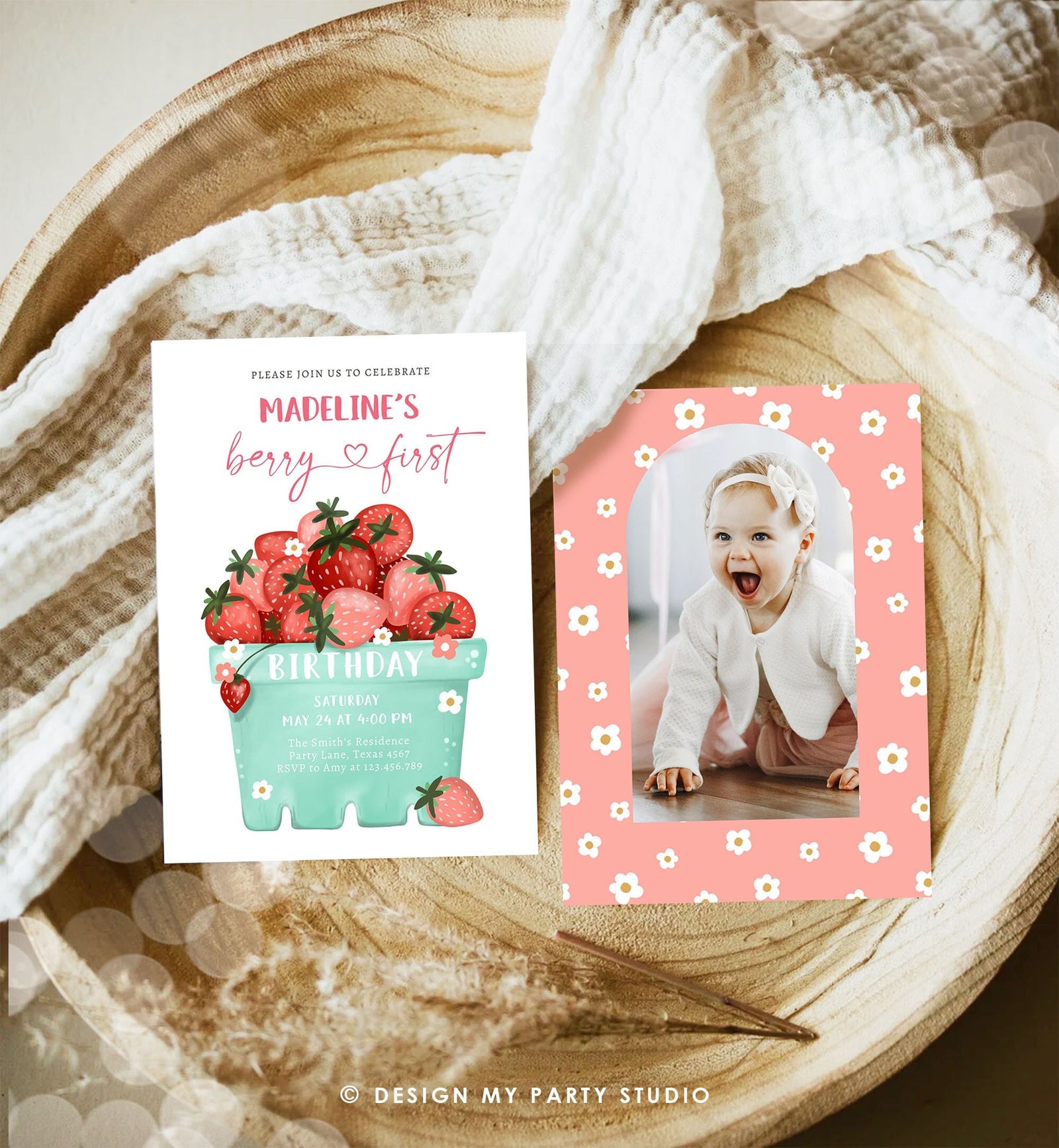 Editable Strawberry Birthday Invitation Berry First Berry Sweet Photo Strawberries 1 Digital Download Evite Template Printable 0506