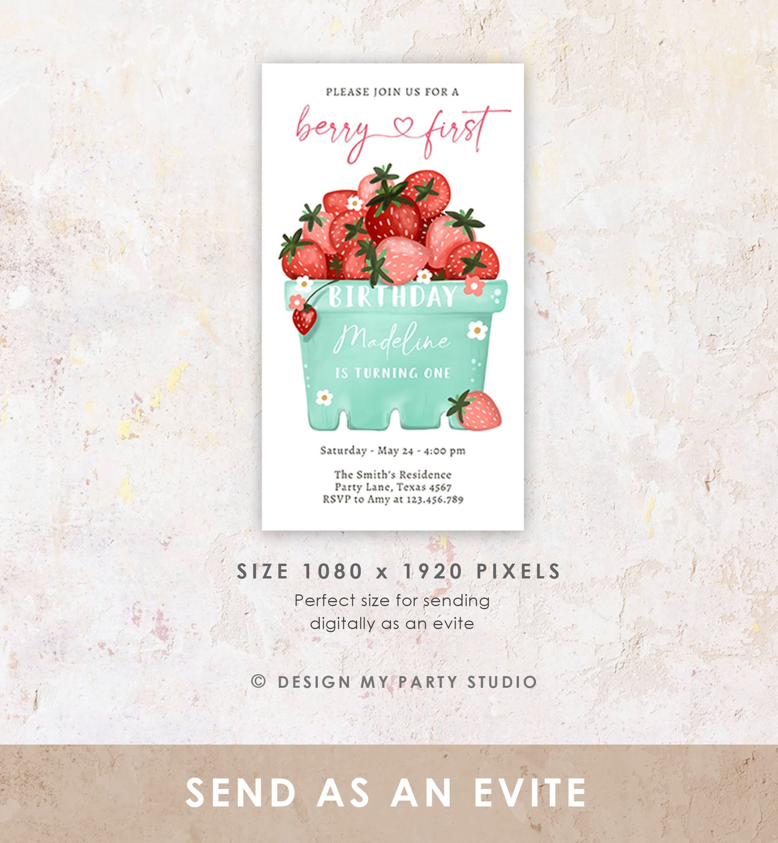 Editable Berry First Birthday Evite Electronic Strawberry Birthday Berry Sweet Strawberries 1st Digital Download Phone Template 0506