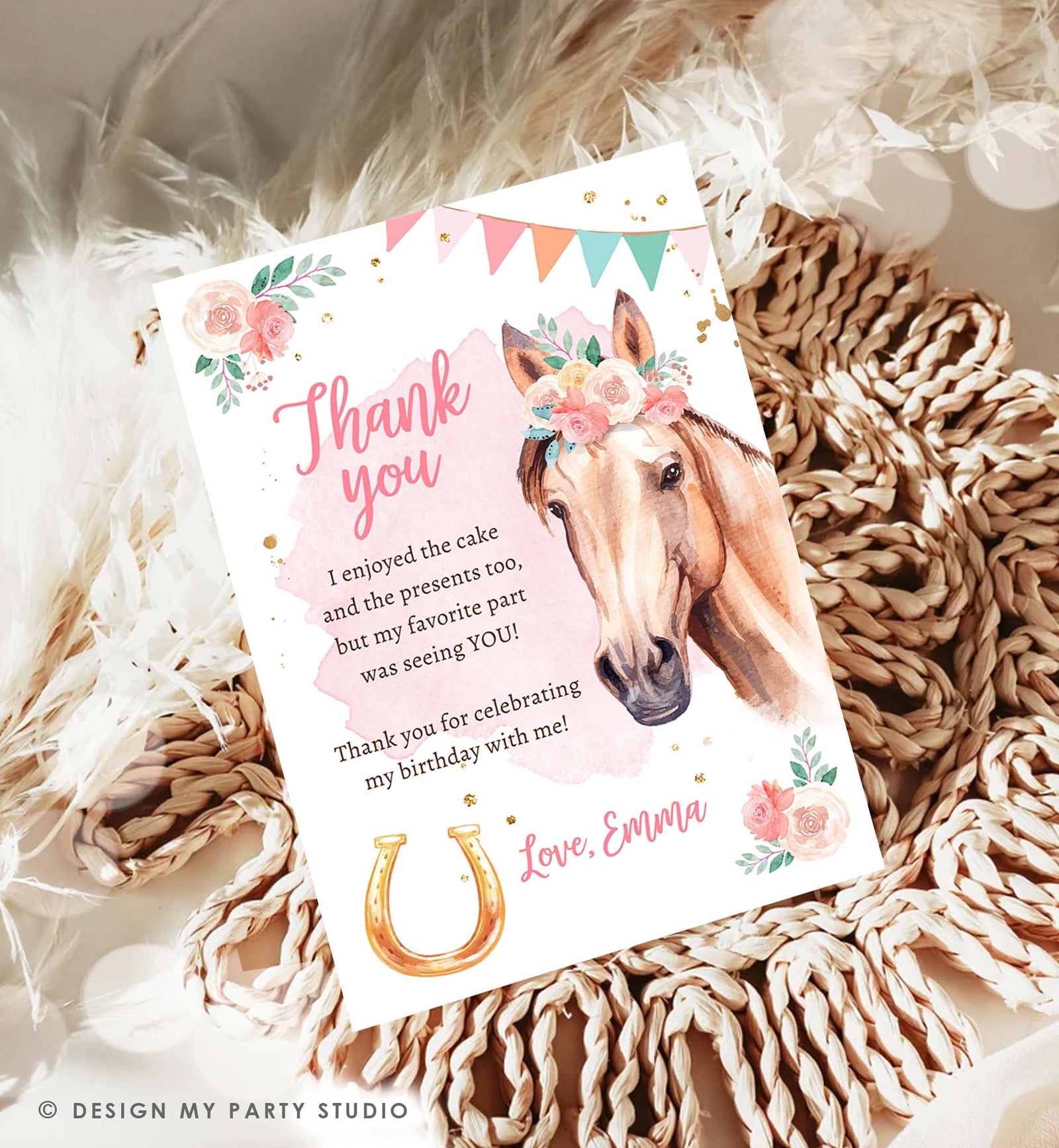Editable Horse Birthday Thank You Card Card Girl Horse Party Cowgirl Pink Floral Flowers Saddle Up Download Digital Template Printable 0398