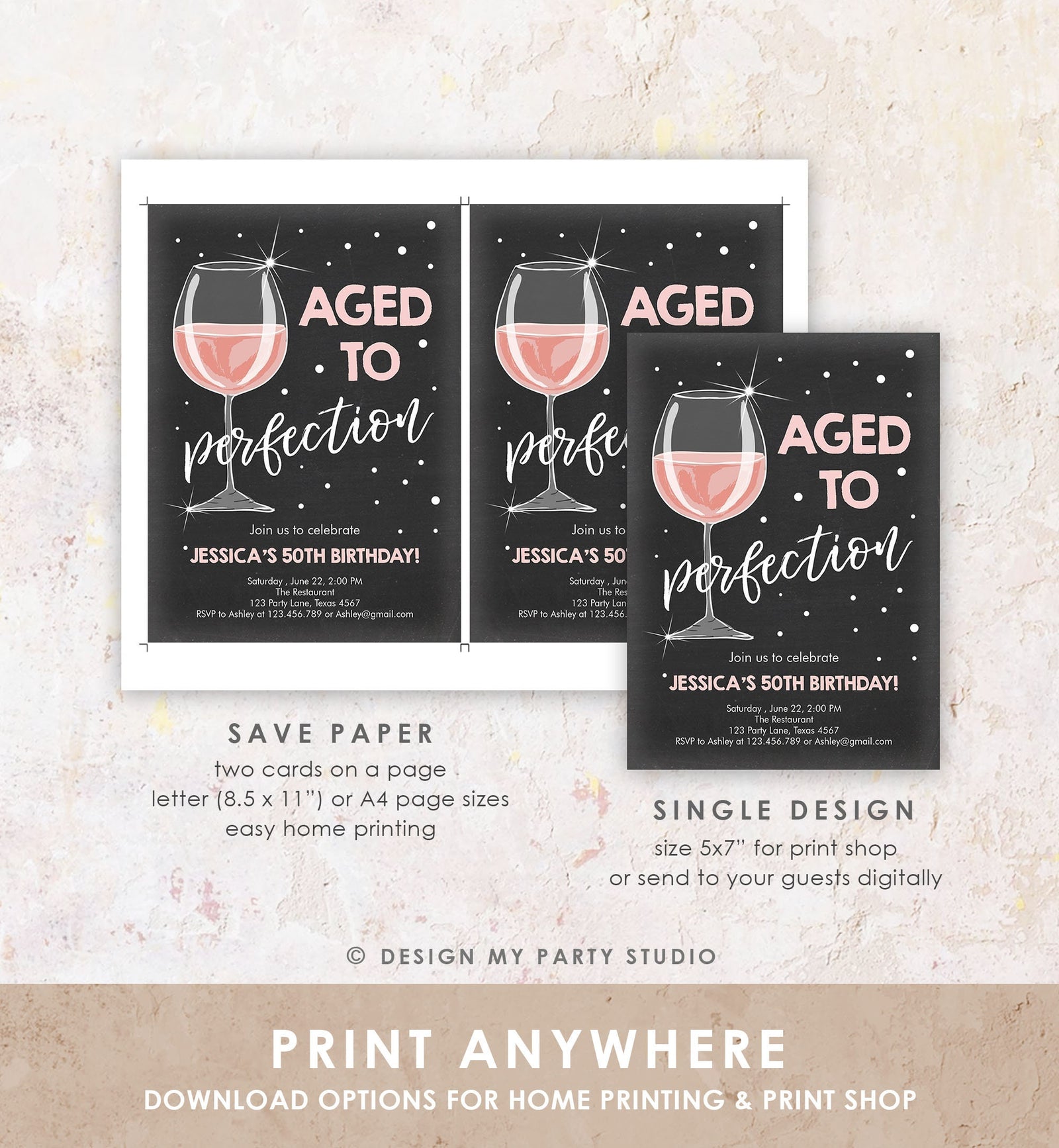 Editable Aged to Perfection Birthday Invitation Wine Bubbly Adult Birthday Rustic Surprise Digital Download Evite Template Printable 0252