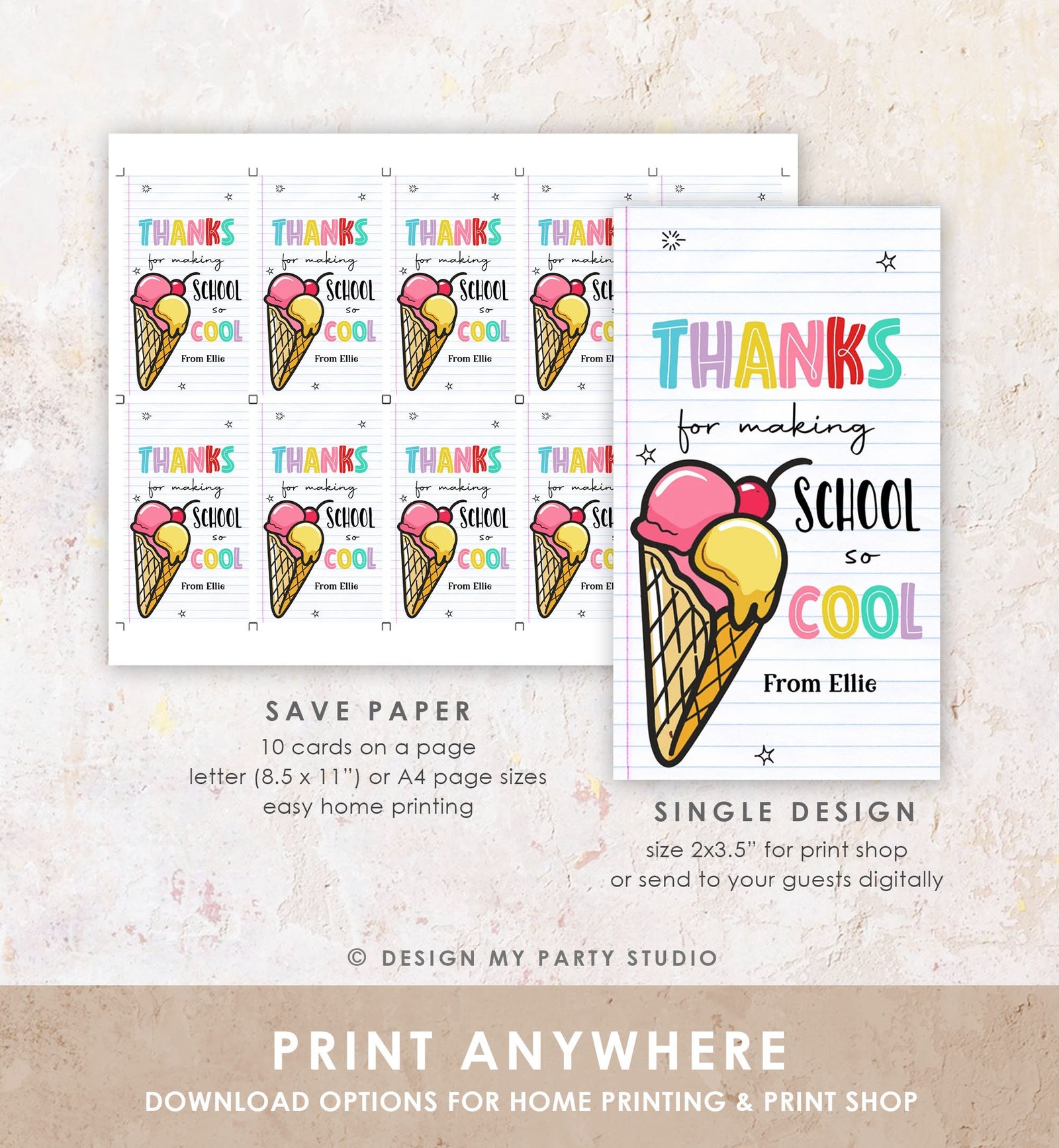 Editable Summer Ice Cream Teacher Appreciation Tag Kids End Of School Year Scoop Cool Thank You Classroom Digital Template Printable 0464