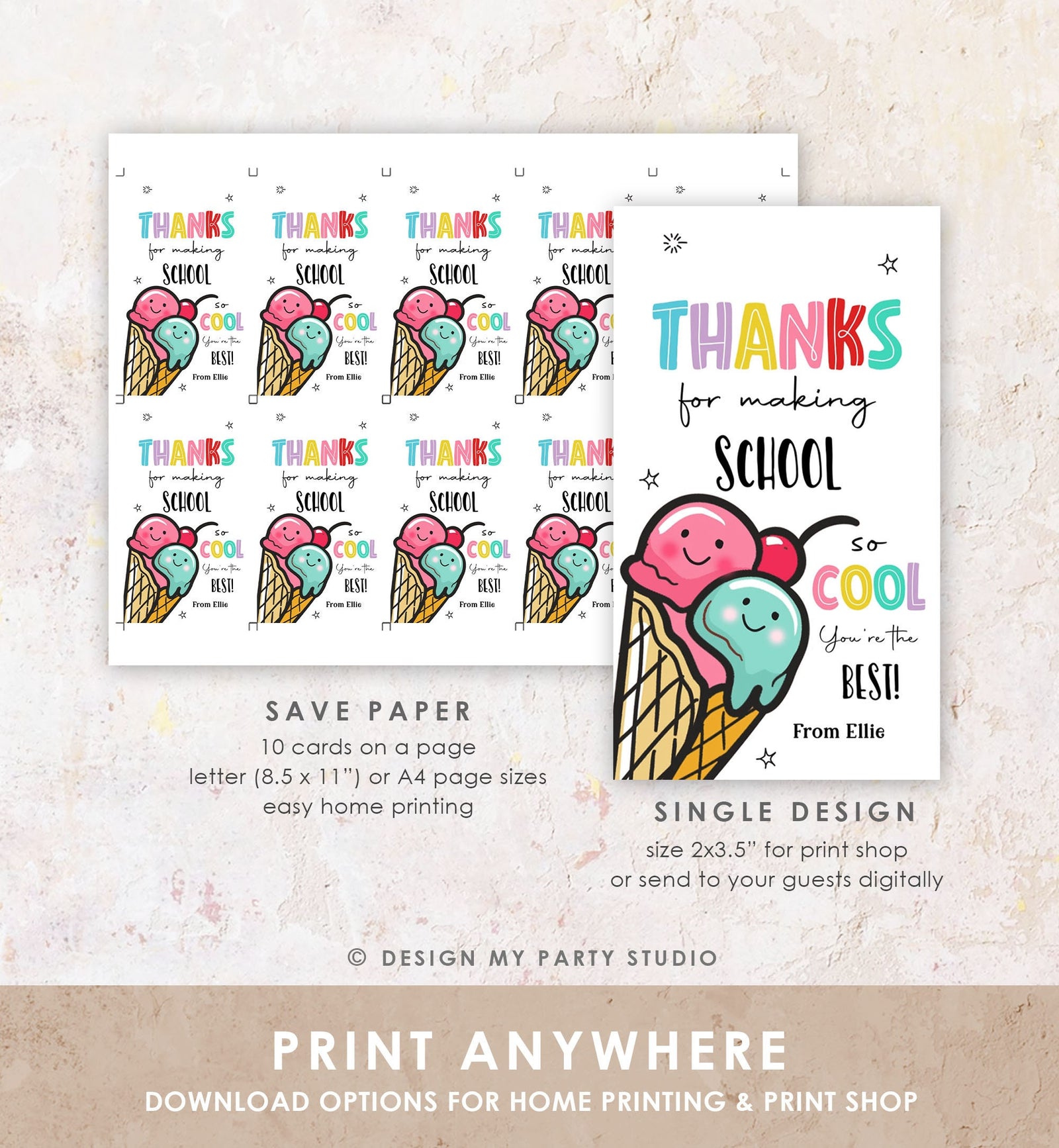 Editable Summer Ice Cream Teacher Appreciation Tag Kids End Of School Year Scoop Cool Thank You Classroom Digital Template Printable 0464