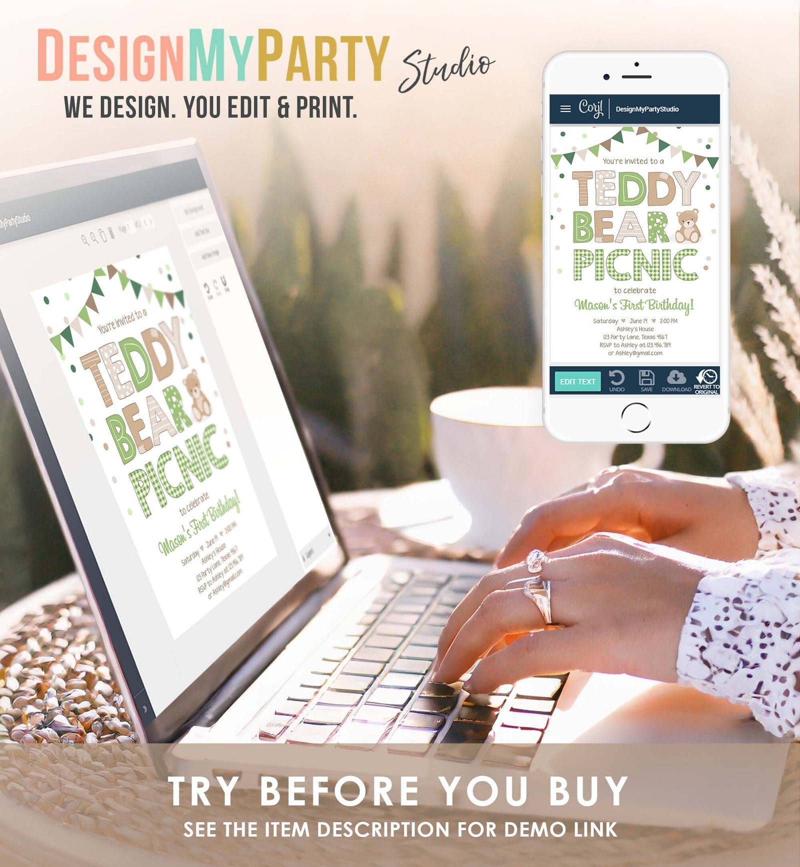 Editable Teddy Bear Picnic Birthday Invitation Boy Green Gingham Bear Picnic Outdoor First Birthday Evite Digital Download Template 0100