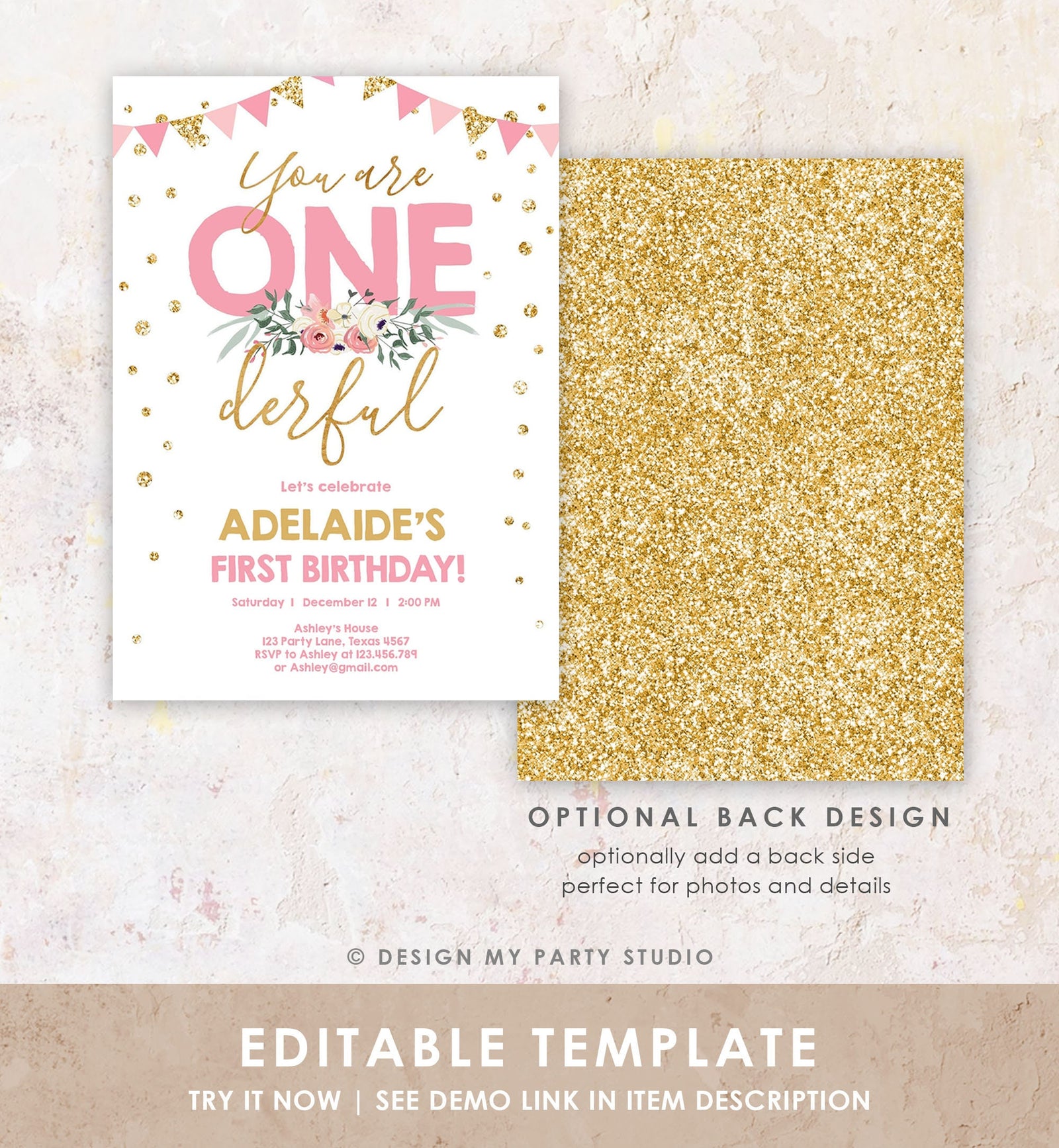 Editable Onederful Birthday Invitation Girls First Birthday Party They Are Onederful Pink Gold 1st Digital Download Template Printable 0165