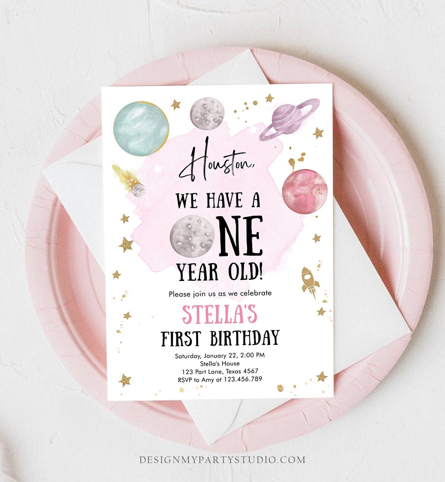 Editable Outer Space First Birthday Invitation Galaxy Houston First Trip Around the Sun One Digital Download Evite Template Printable 0357
