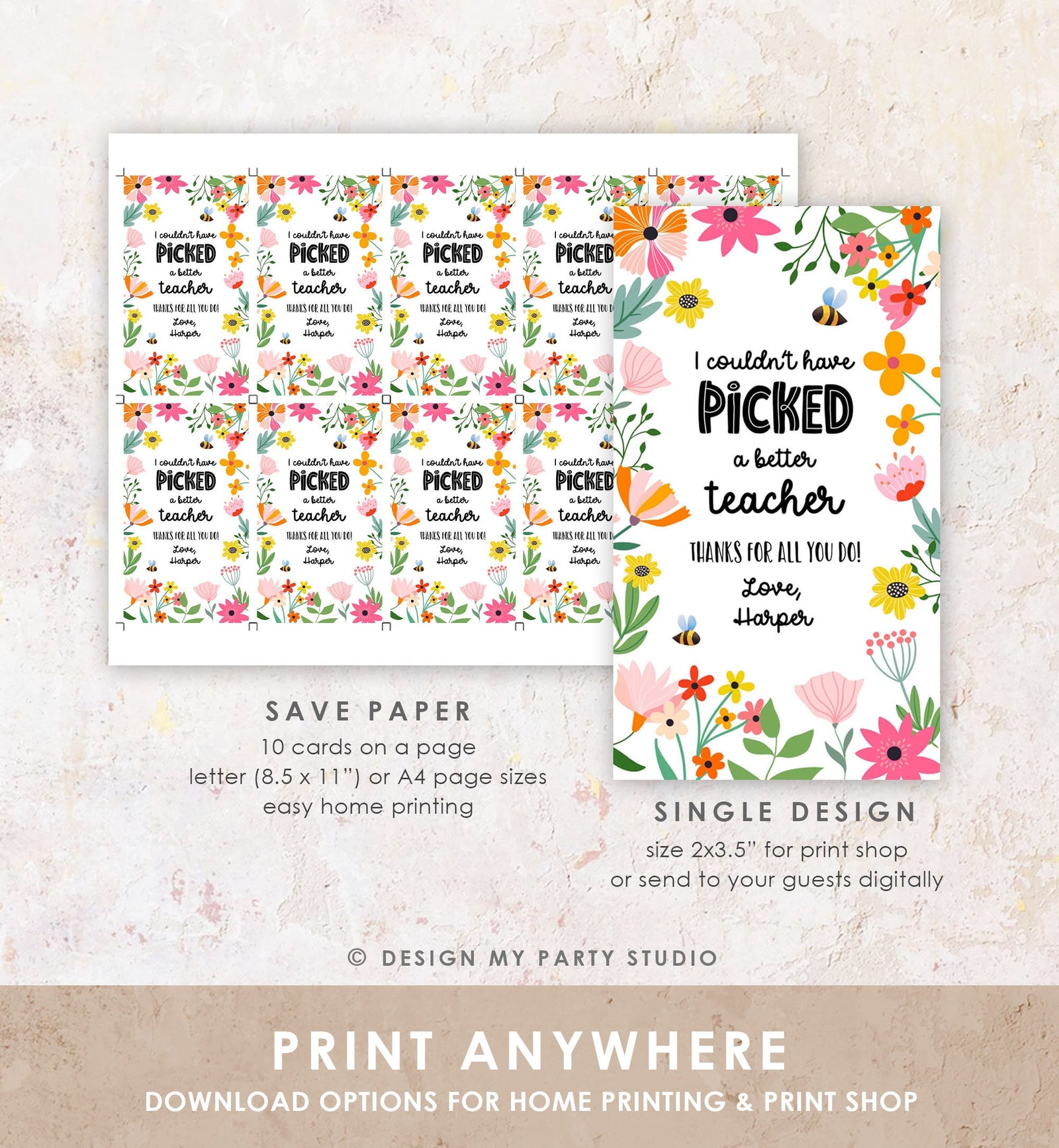 Editable Teacher Appreciation Tag Thank You Couldn't Have Picked a Better Teacher Flower Gift Tag Plant Tag Digital Template Printable 0464