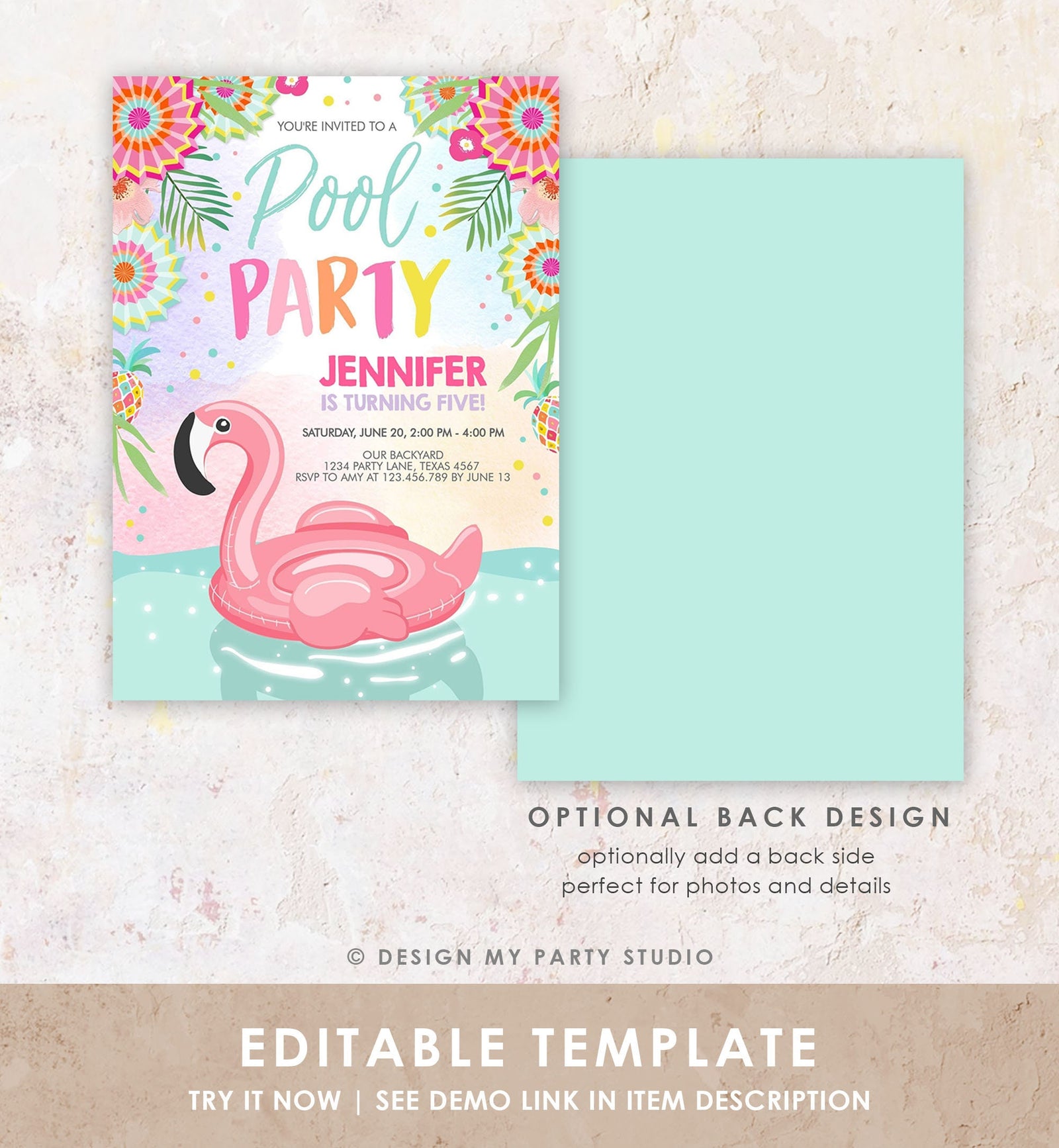 Editable Pool Party Invitation Flamingo Pool Party Birthday Invite Splish Splash Swimming Summer Download Printable Template Corjl 0240