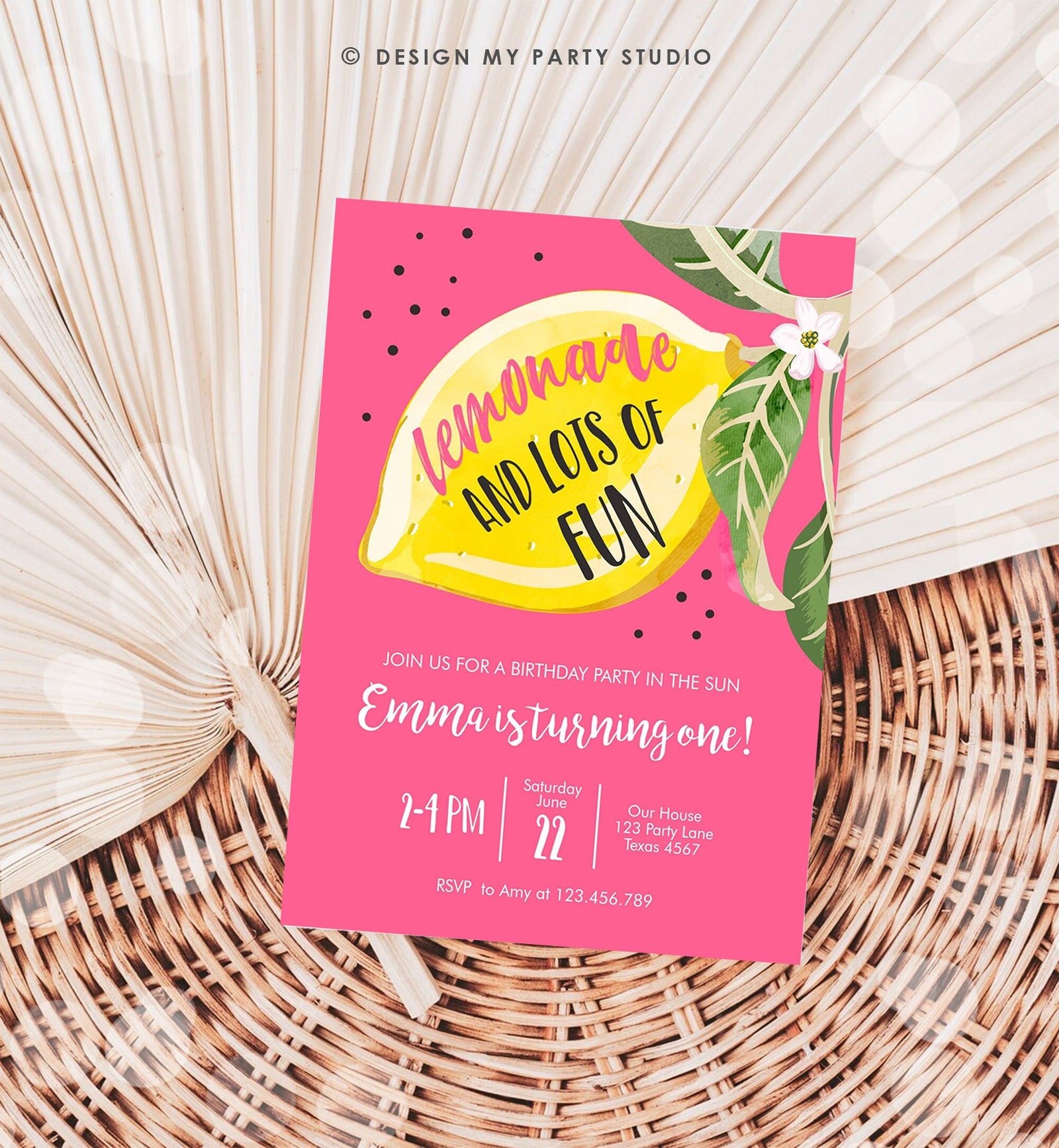 Editable Lemon Birthday Invitation Sunshine Lemonade and Fun Girl First Birthday Party Pink Sweet 1st Citrus Digital Template Printable 0307