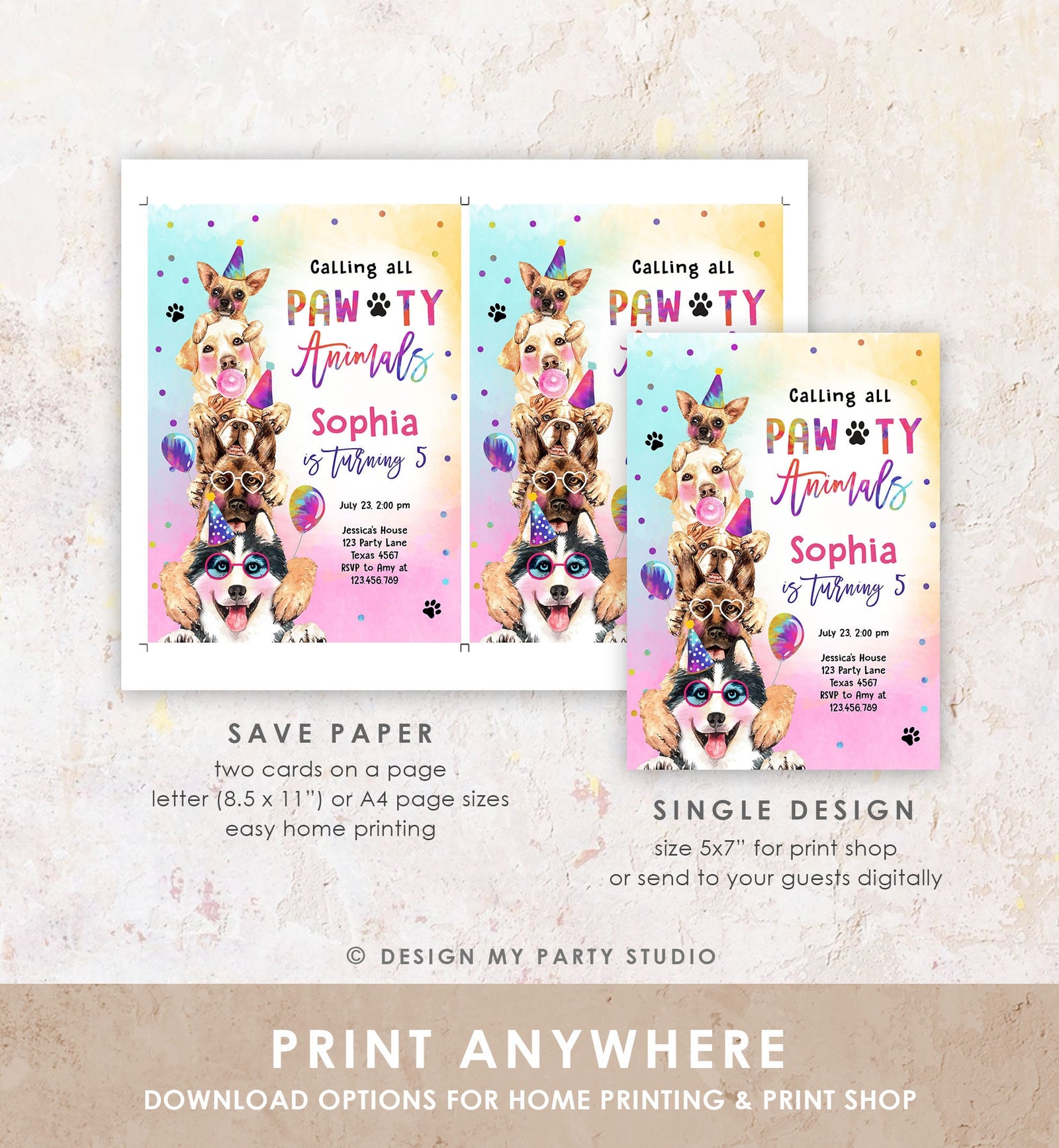 Editable Dogs Birthday Party Invitation Puppy Birthday Invite Calling All Pawty Animals Party Animals Download Printable Template Corjl 0460