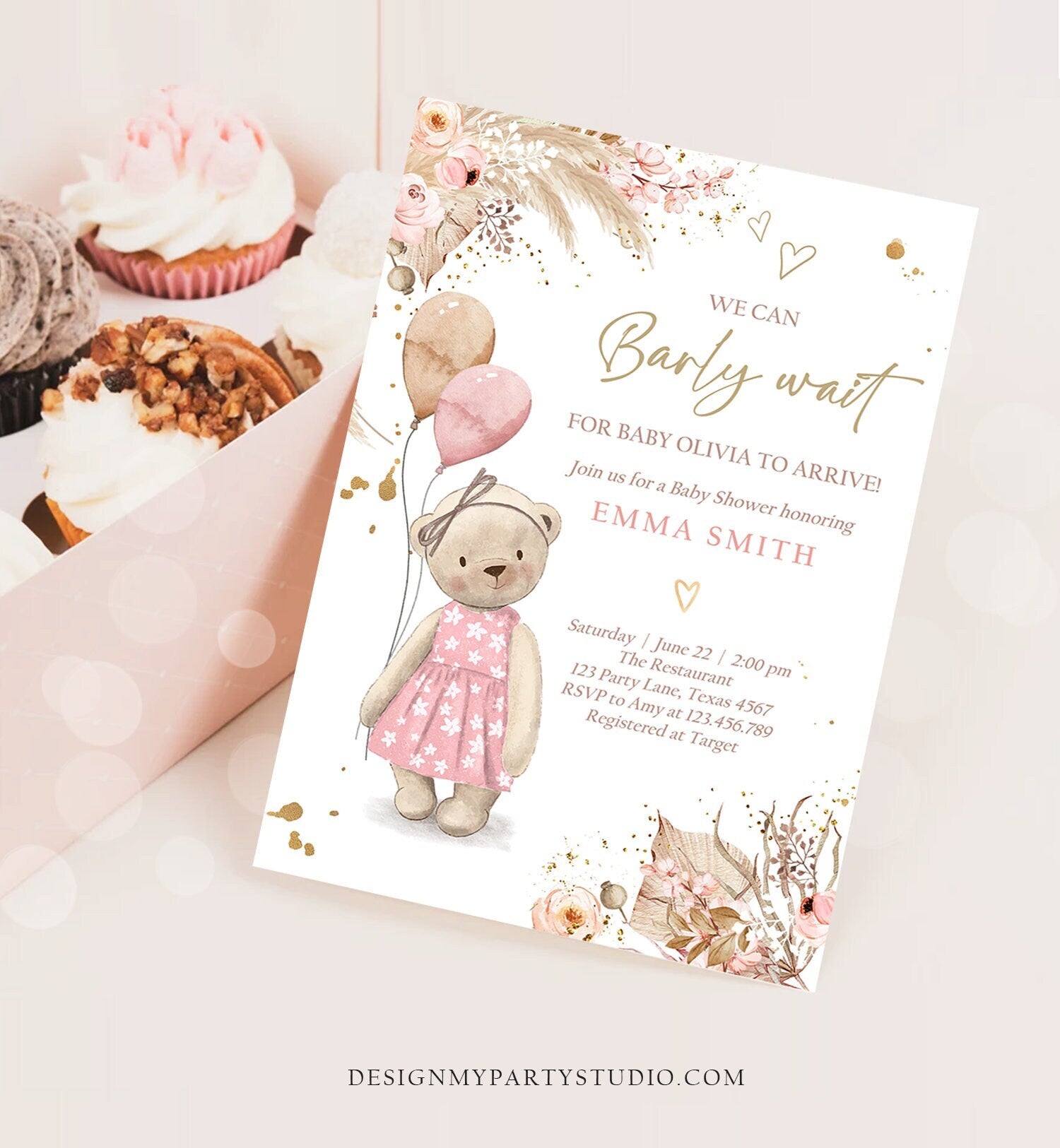 Editable Boho Bear Baby Shower Invitation Girl We can Bearly Wait Pampas Grass Teddy Bear Printable Template Instant Download Evite 0421