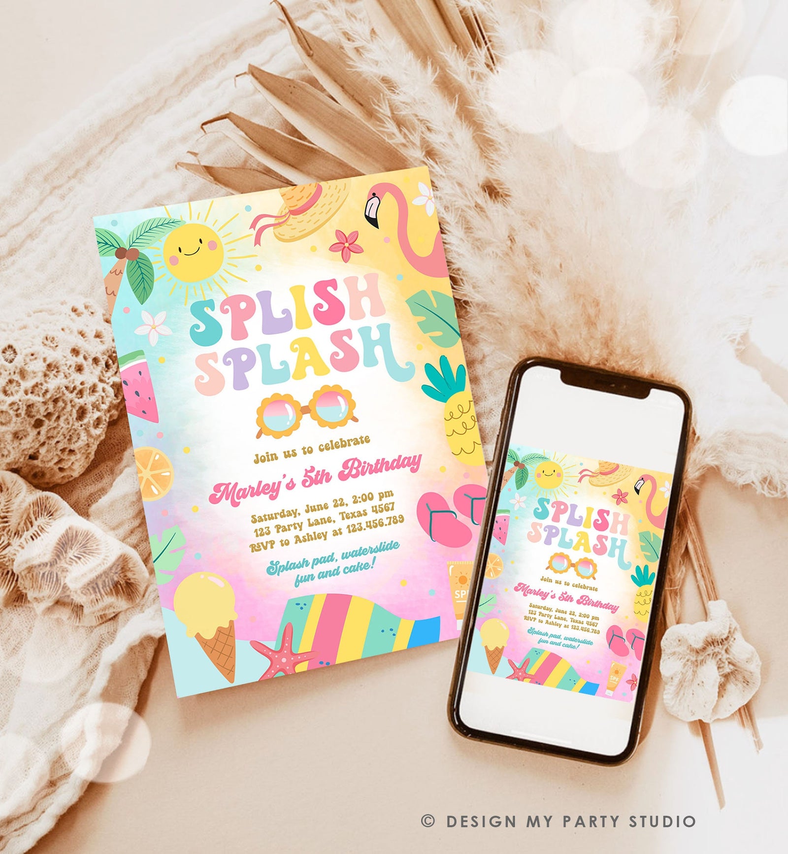 Editable Splish Splash Birthday Invitation Pool Party Girl Summer Waterslide Water Party Pink Digital Download Template Printable 0465