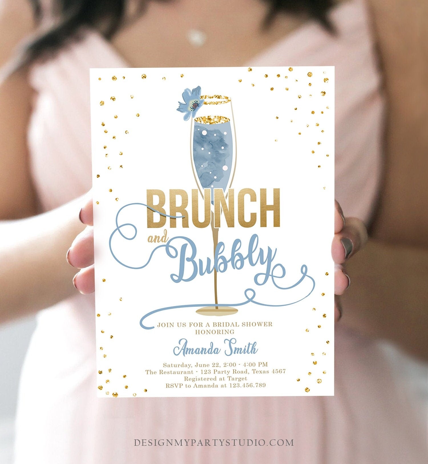 Editable Brunch and Bubbly Bridal Shower Invitation Floral Champagne Gold Dusty Blue Wedding Digital Download Evite Template Printable 0150