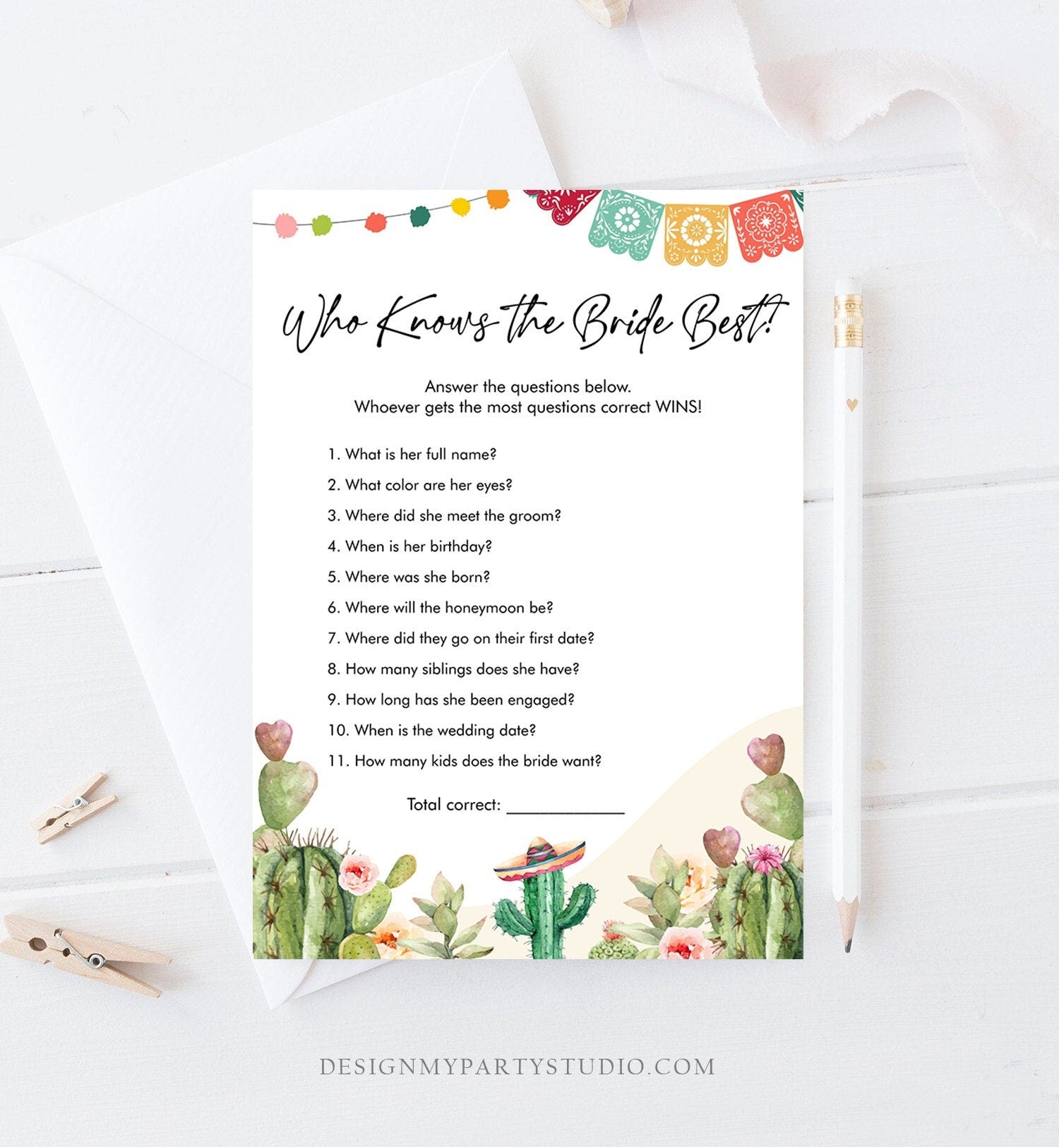 Editable Who Knows the Bride Best Bridal Shower Game Cactus Fiesta Mexican Coed Shower Games Wedding Activity Corjl Template Printable 0404