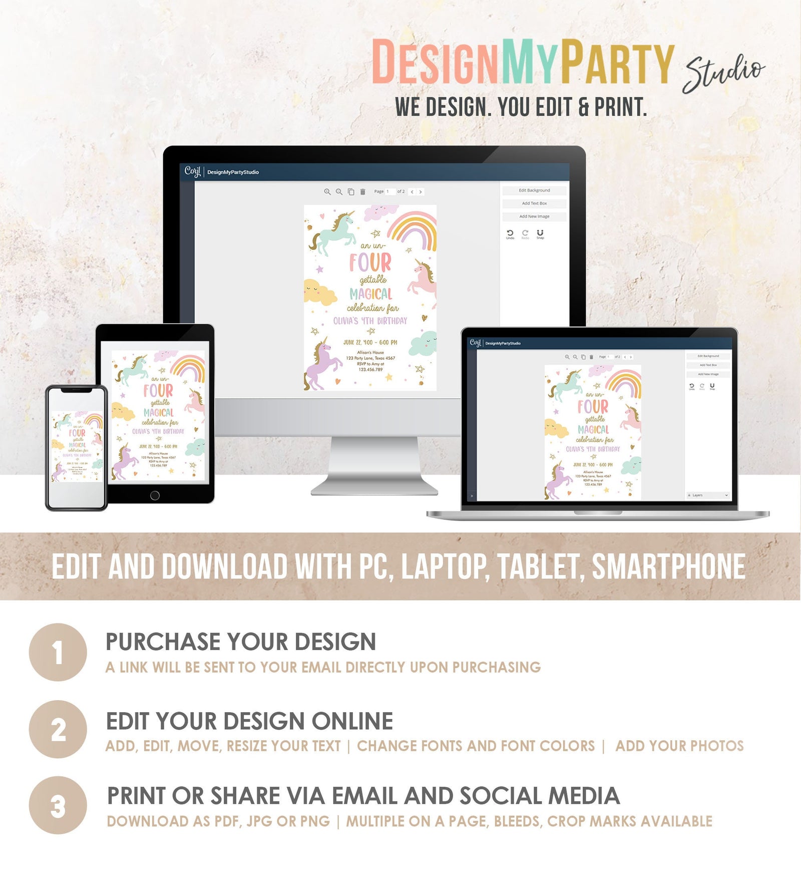 Editable Unicorn 4th Birthday Invitation Un Four Gettable Party Girl Pastel Fourth Rainbow Digital Download Evite Template Printable 0426