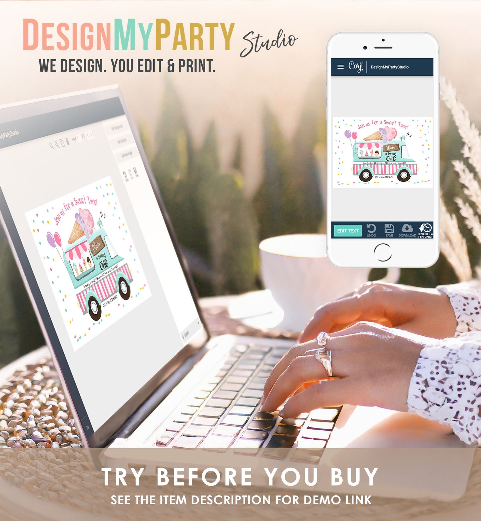 Editable Ice Cream Truck Birthday Invitation Ice Cream Birthday Party Cone Pink Mint Purple Any Age Scoop Printable Template Corjl 0243